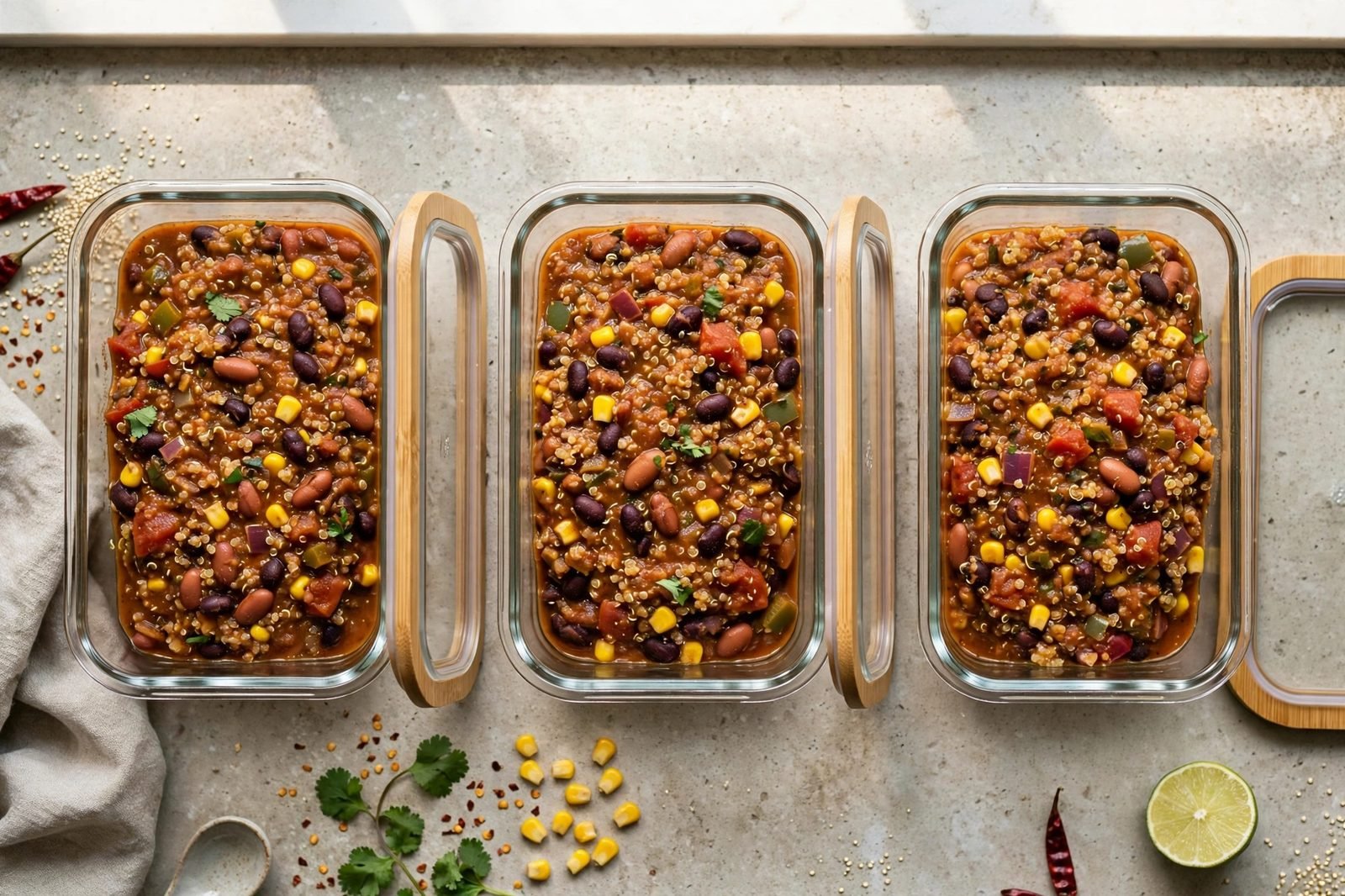 Overhead of glass meal-prep containers filled with the chili. No people, no text.