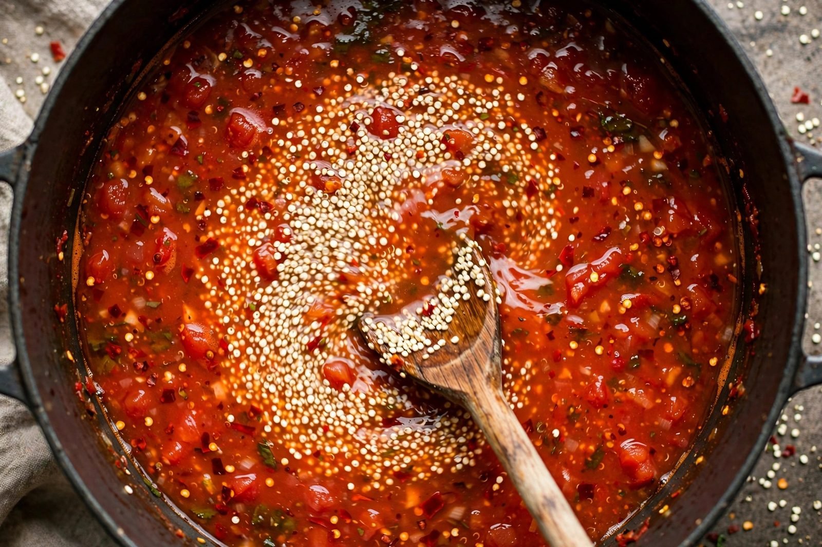 Overhead of rinsed quinoa being stirred into the red broth. No people, no text.