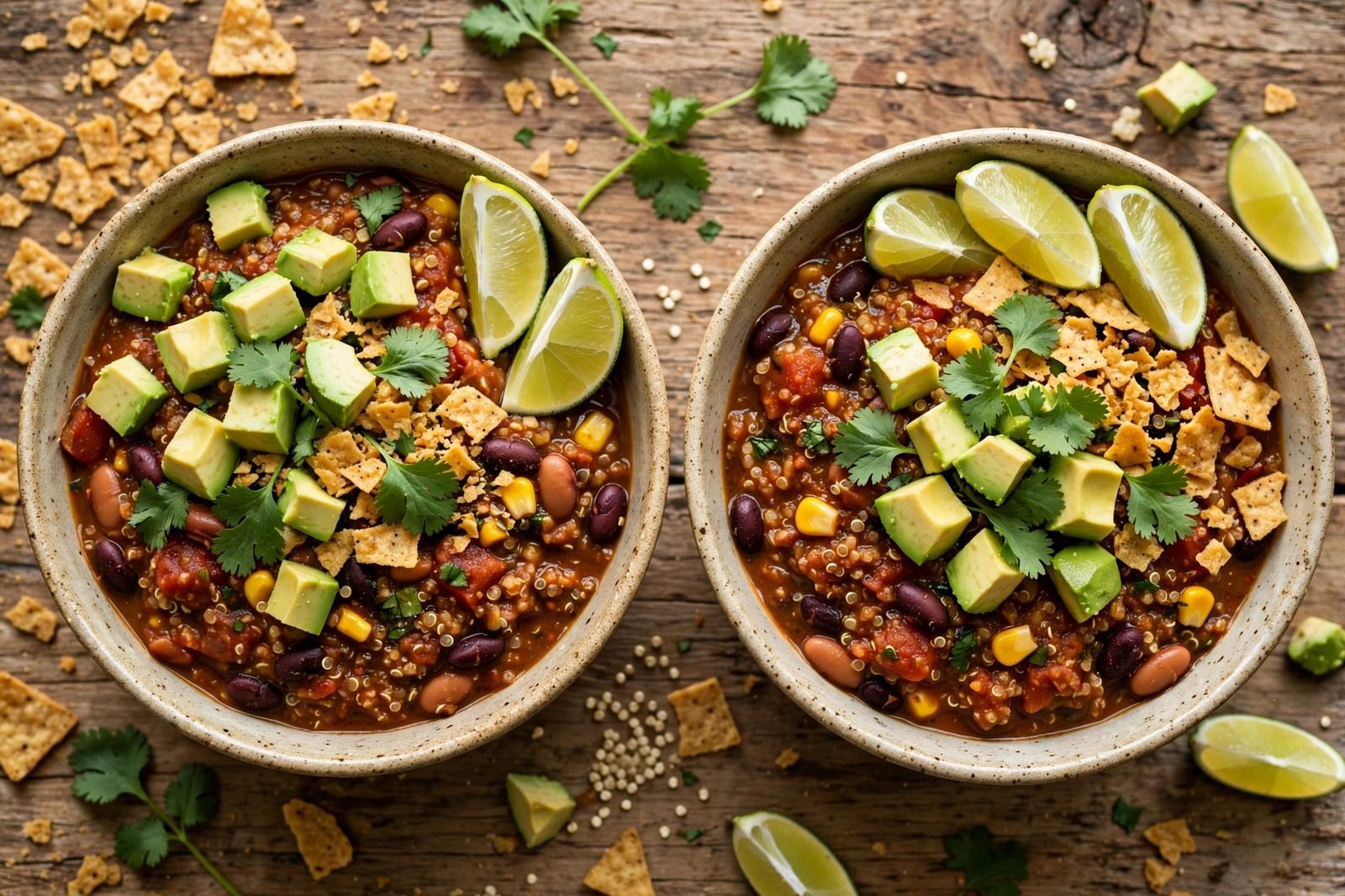 Overhead of two served bowls of chili topped with avocado, cilantro, lime wedges, and crushed tortilla chips. No people, no text.