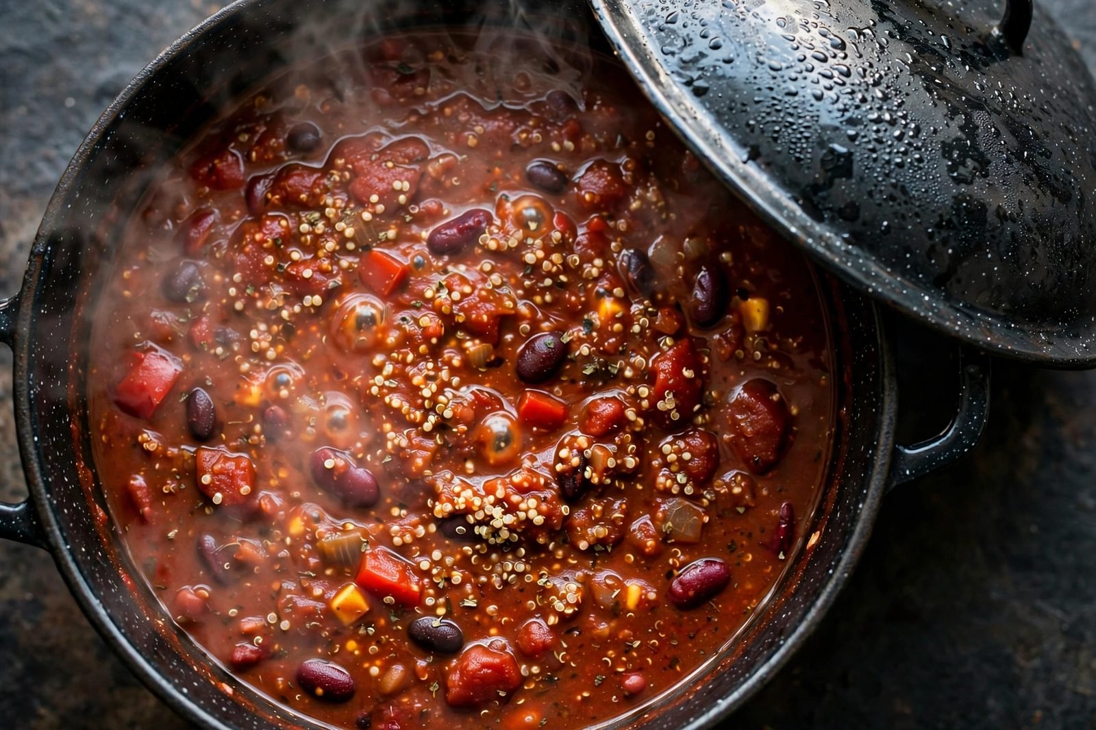 Overhead of the chili simmering under a tilted lid, quinoa visible on the surface. No people, no text.