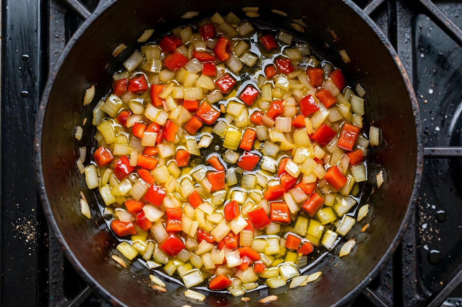 Overhead of diced onion and bell pepper softening in a pot with olive oil. No people, no text.