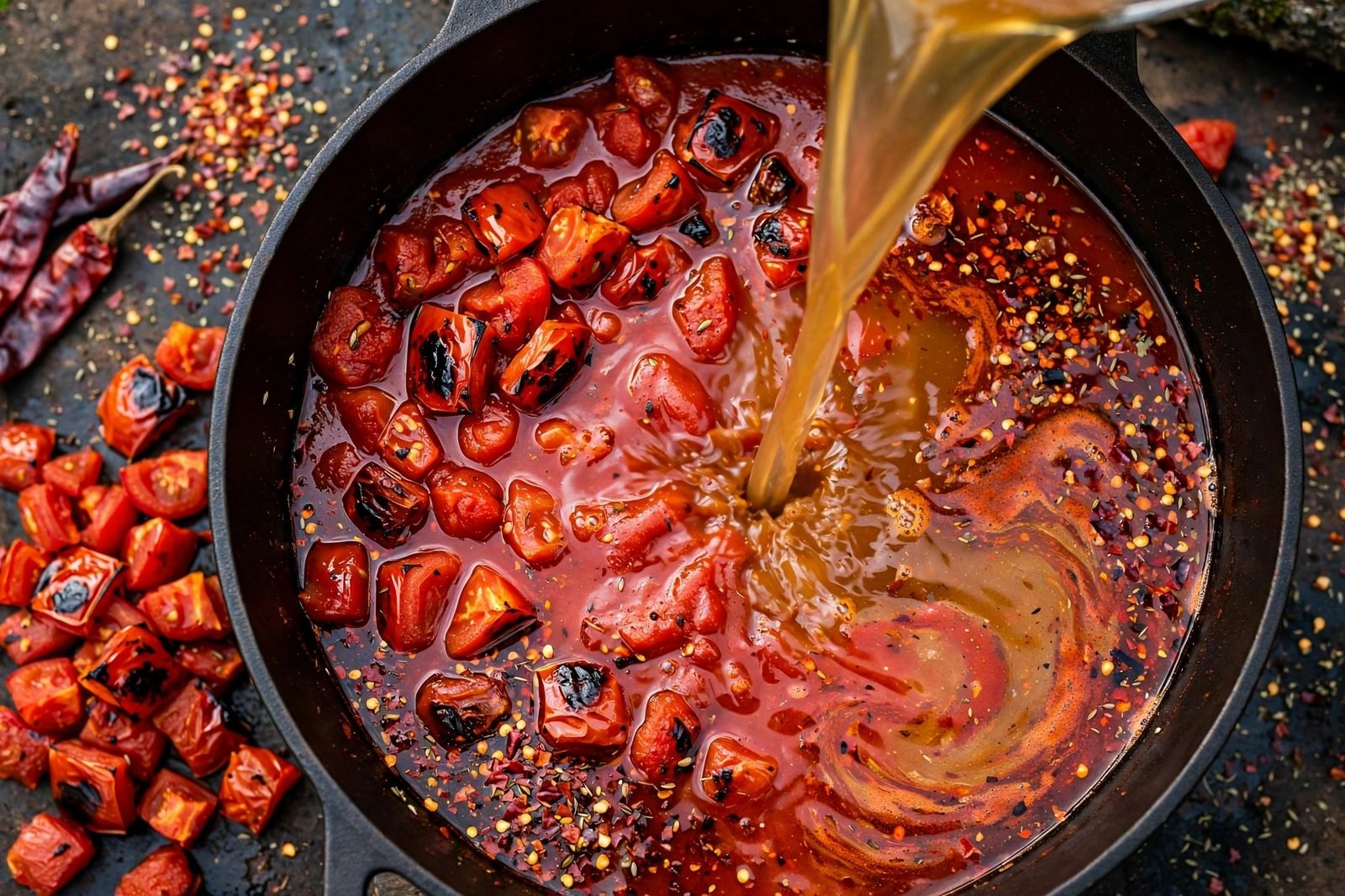 Overhead of fire-roasted tomatoes, tomato sauce, and broth being added to the pot. No people, no text.