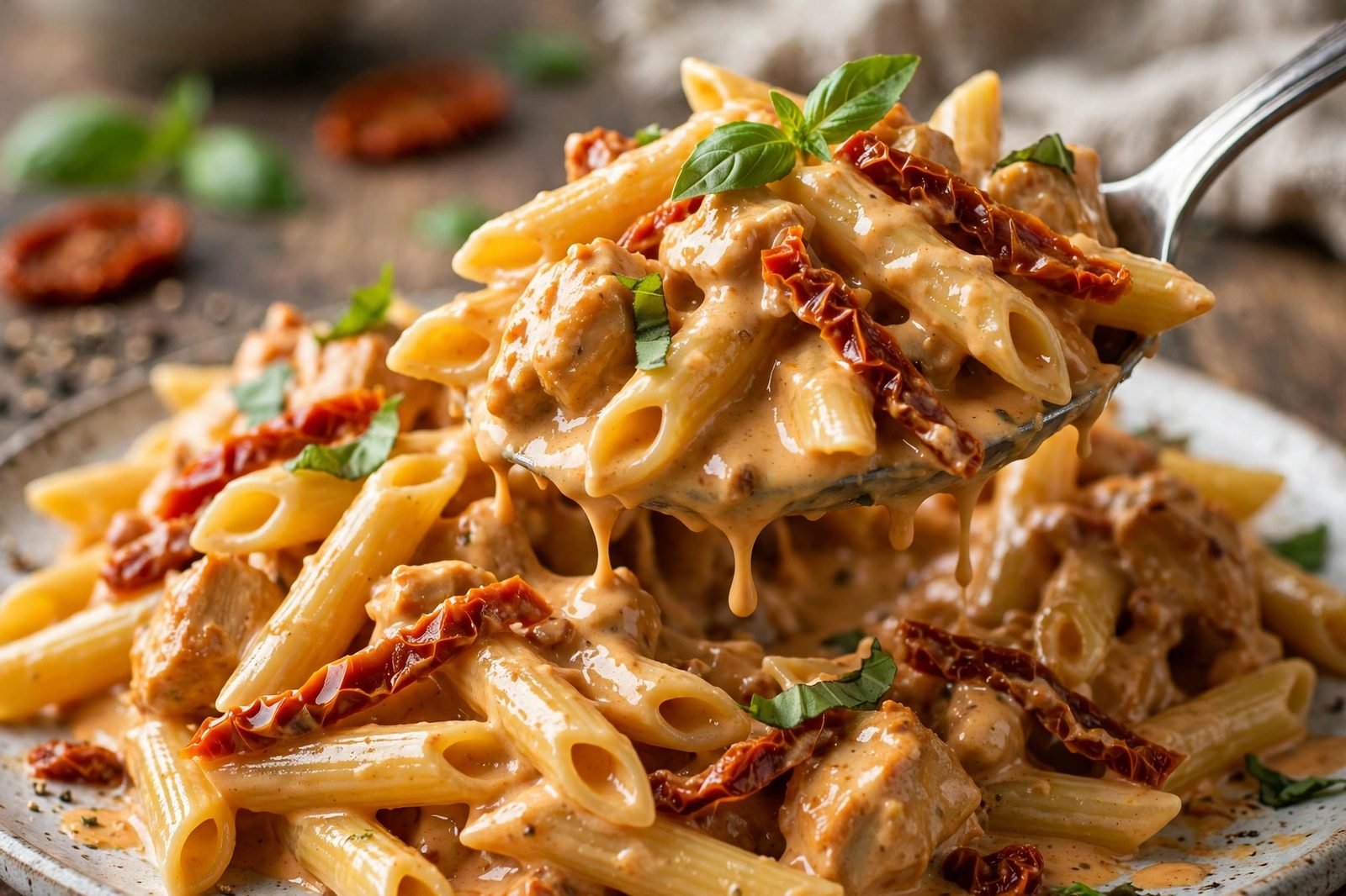 Overhead close-up of a scoop of the creamy chicken pasta showing sauce-coated penne and chicken. No people, no text.