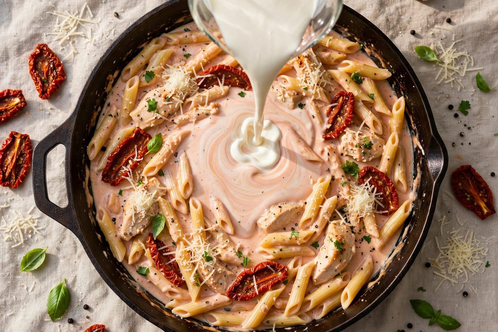 Overhead of heavy cream and grated Parmesan being stirred into the pasta off the heat. No people, no text.