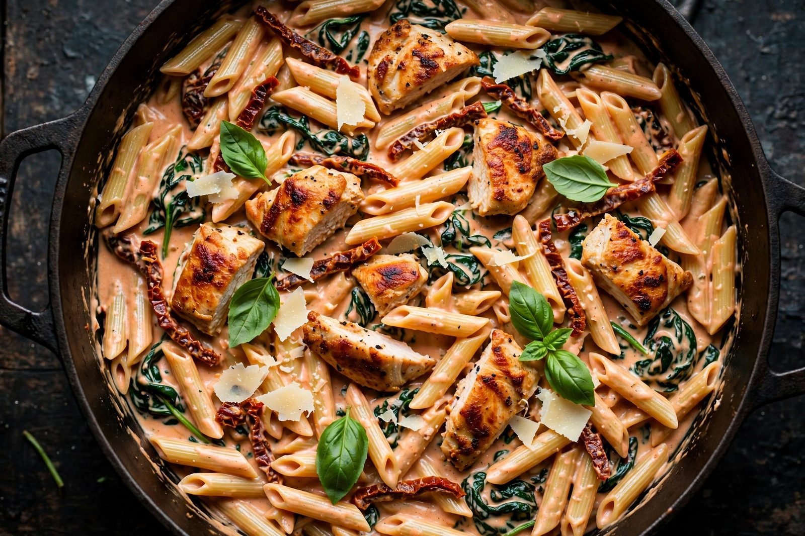 Overhead of the finished one-pot pasta: penne in a creamy sun-dried tomato sauce with seared chicken pieces, wilted spinach, Parmesan shavings, and fresh basil. No people, no text.