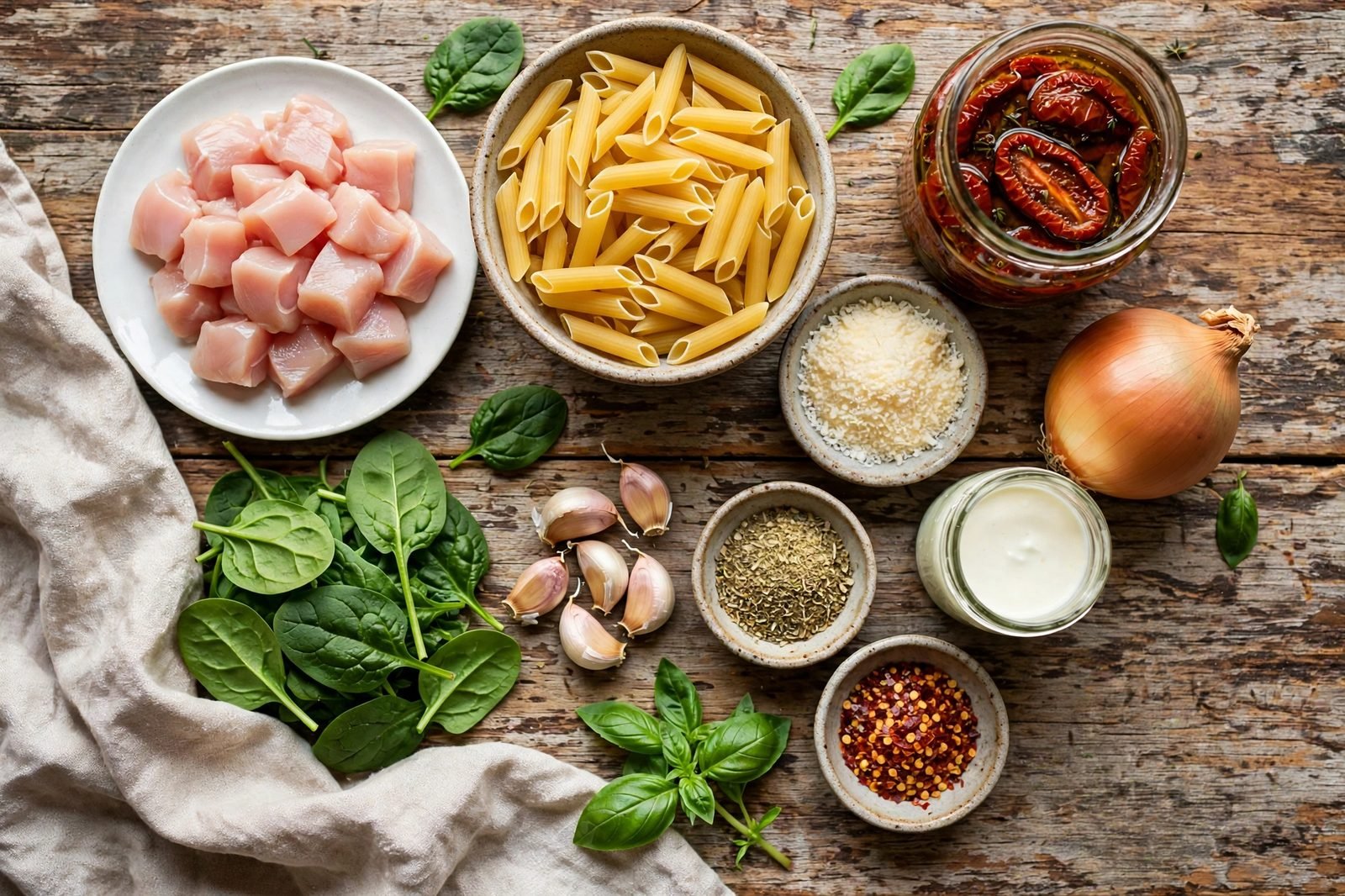 Overhead of mise en place: raw chicken pieces, penne, sun-dried tomatoes, onion, garlic, spinach, milk, broth, cream, and Parmesan on a counter. No people, no text.