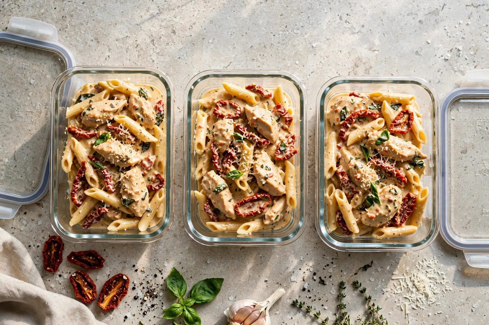 Overhead of meal-prep containers filled with the sun-dried tomato chicken pasta. No people, no text.