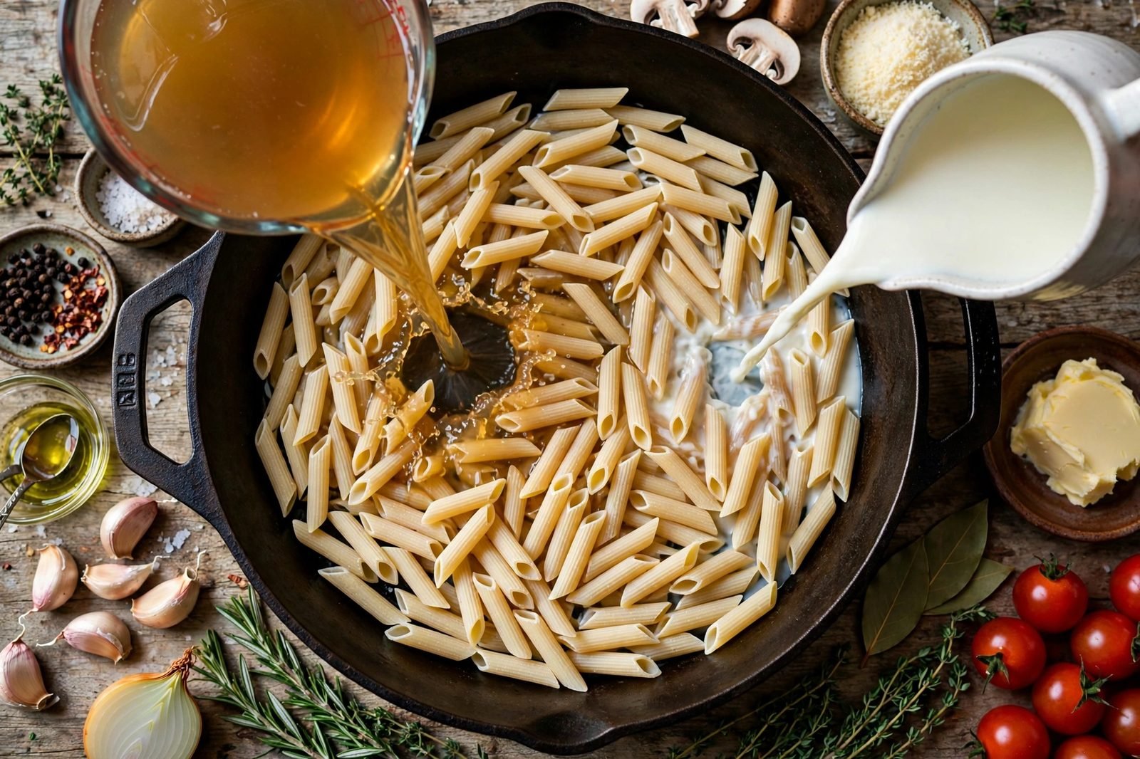Overhead of penne being stirred into chicken broth and milk in the skillet. No people, no text.