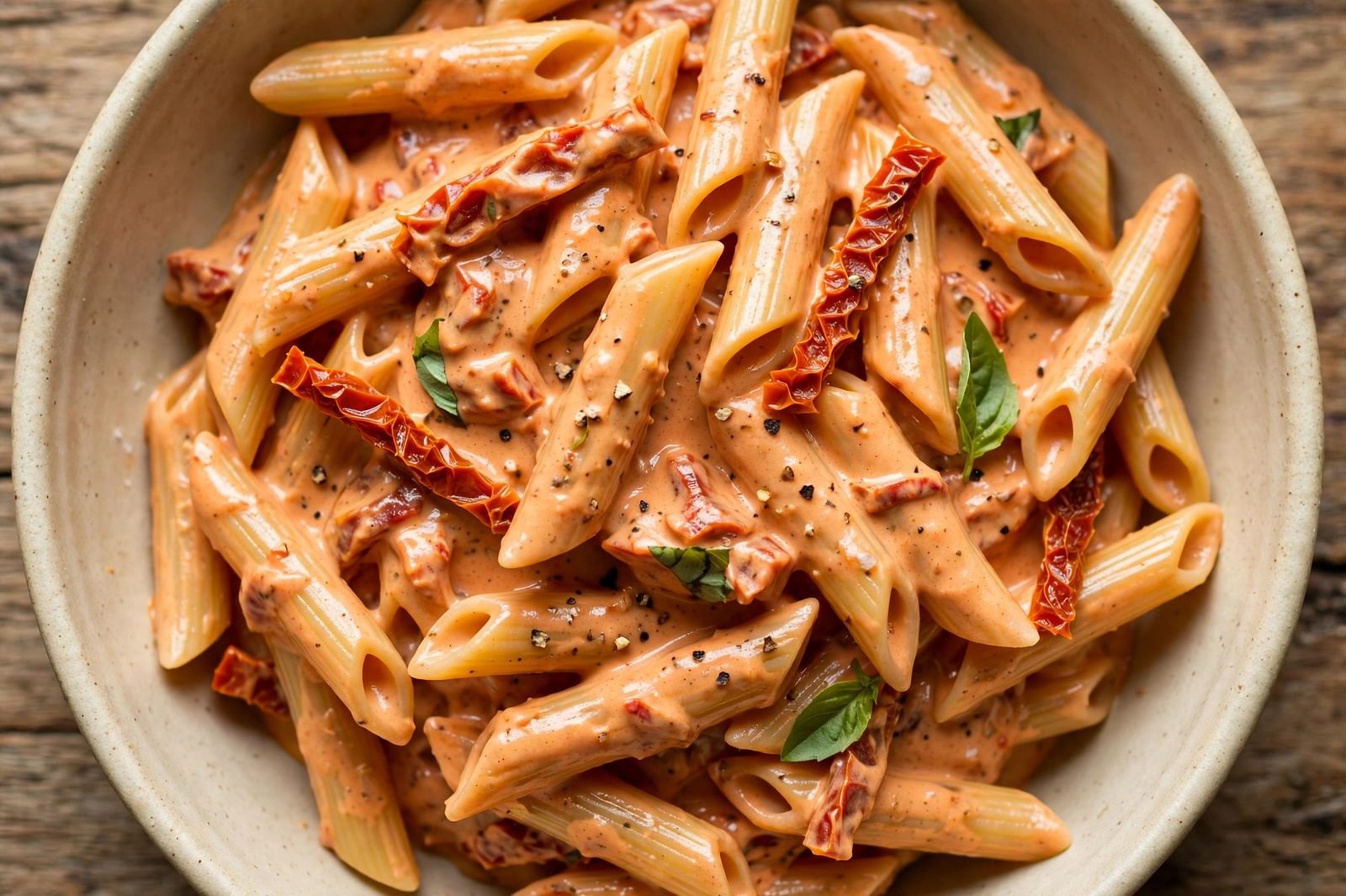 Overhead close-up of the thickened sauce clinging to the penne. No people, no text.