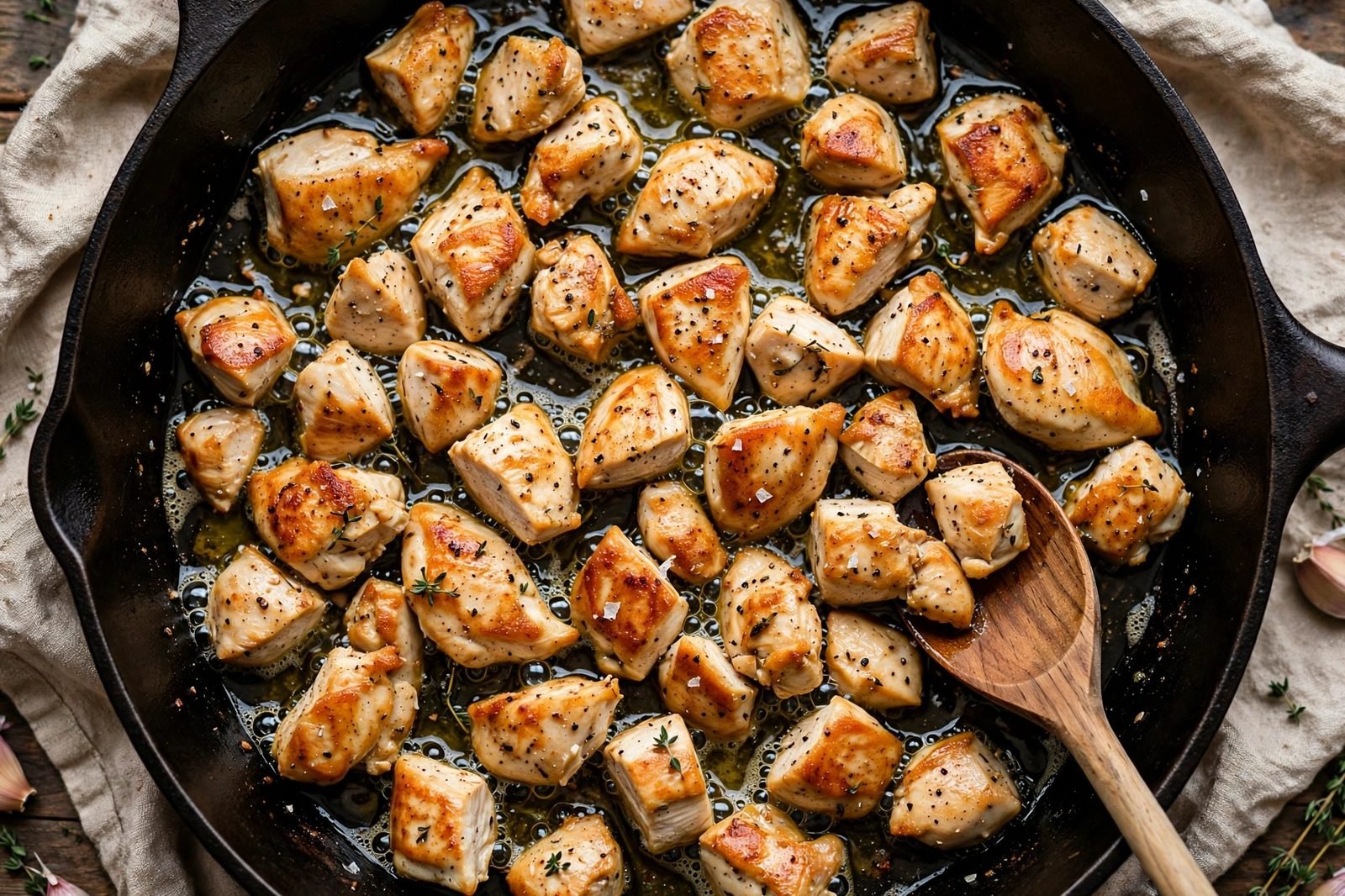 Overhead of seasoned chicken pieces searing golden in a large deep skillet. No people, no text.