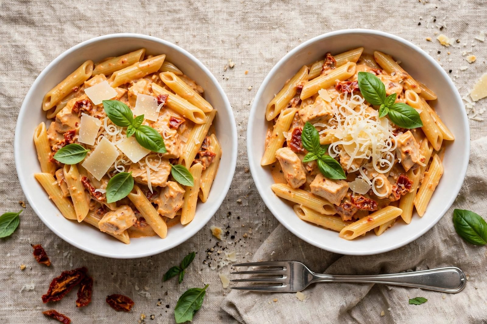 Overhead of served bowls of the sun-dried tomato chicken pasta topped with basil and extra Parmesan. No people, no text.