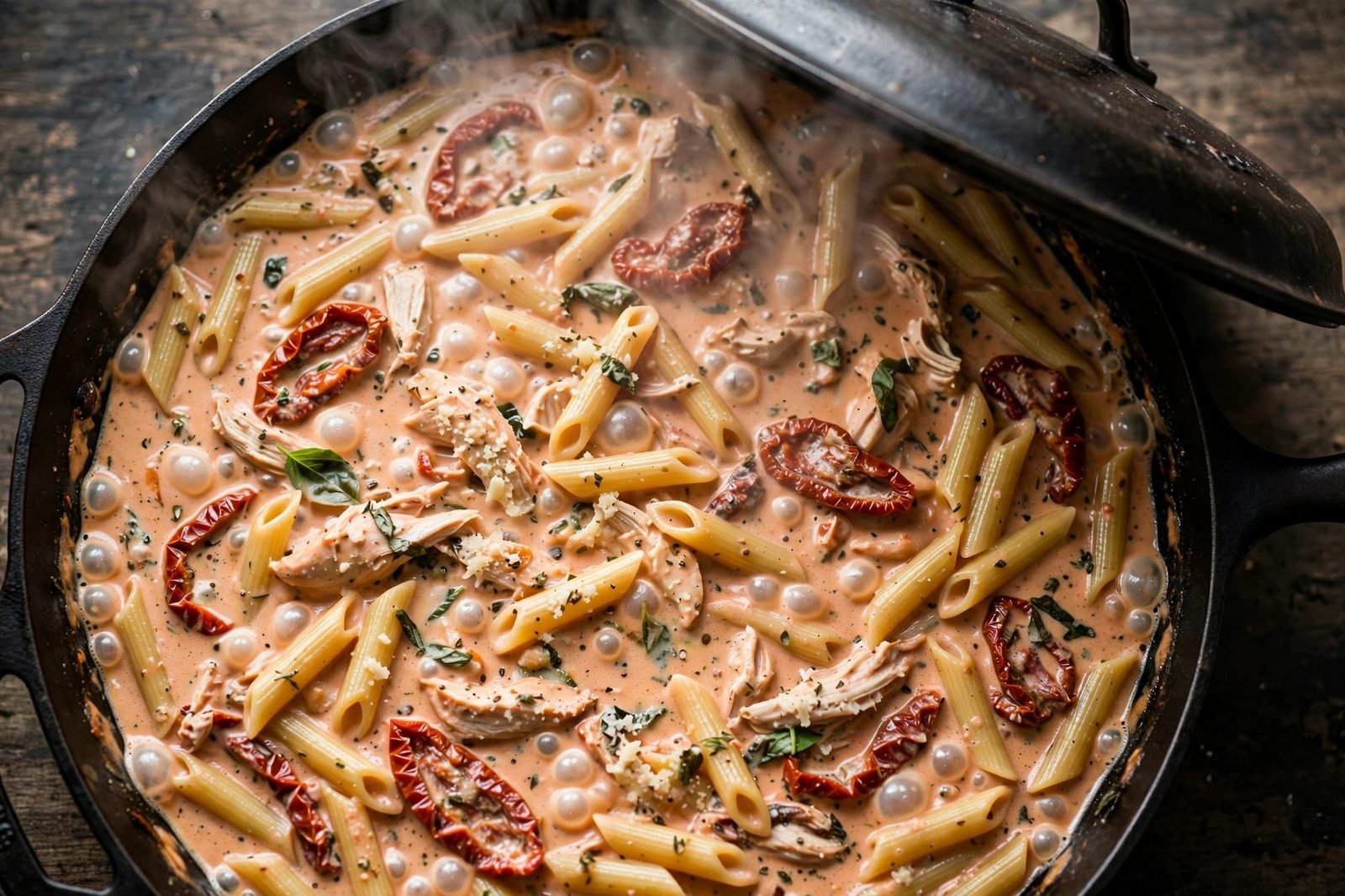 Overhead of the pasta simmering in the covered skillet as the sauce thickens. No people, no text.