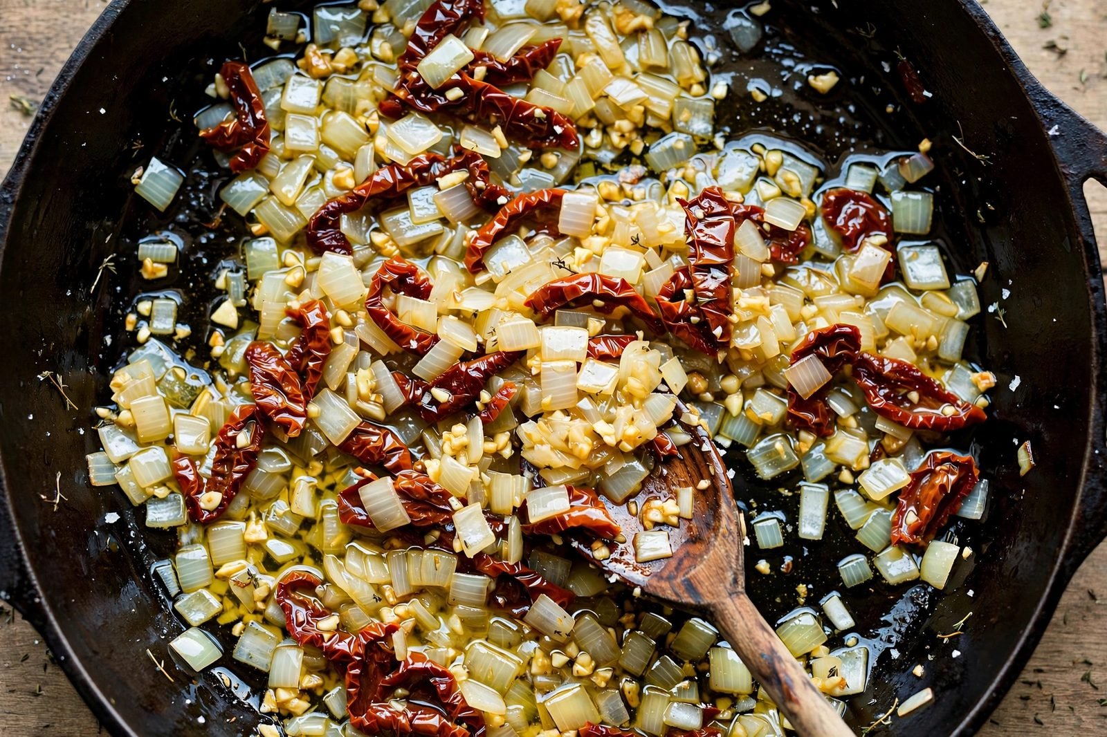 Overhead of diced onion, garlic, sun-dried tomatoes, and tomato paste softening in the skillet. No people, no text.