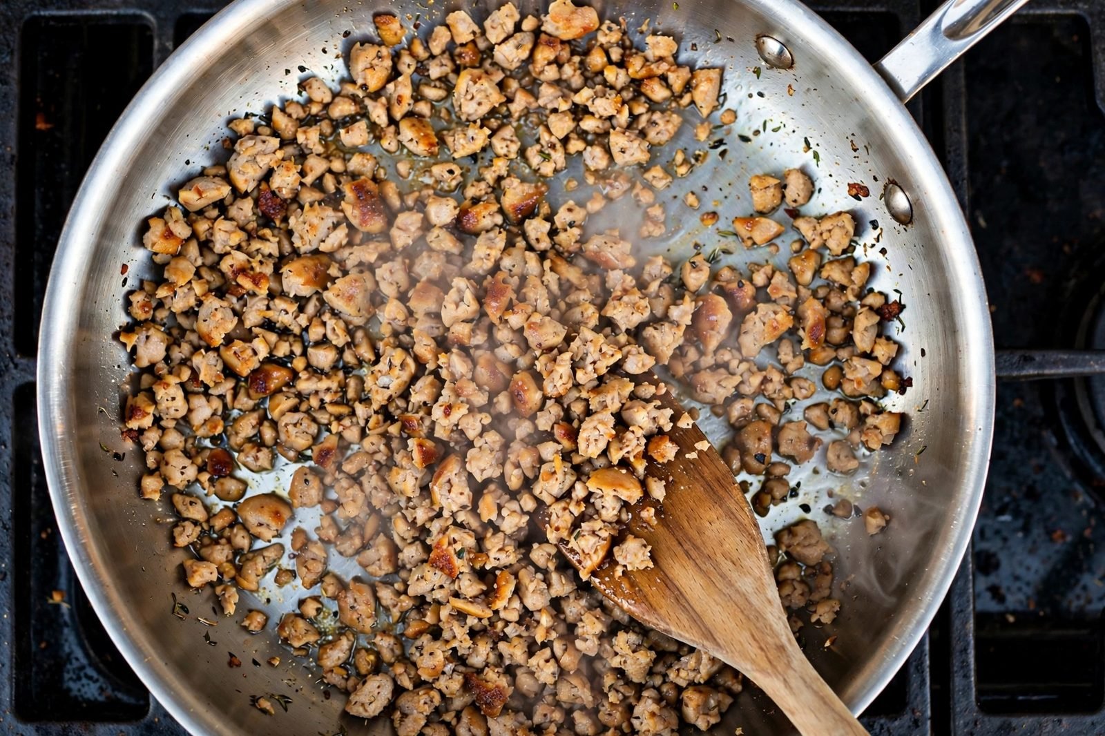 Overhead of ground turkey browning and breaking into crumbles in a large skillet. No people, no text.