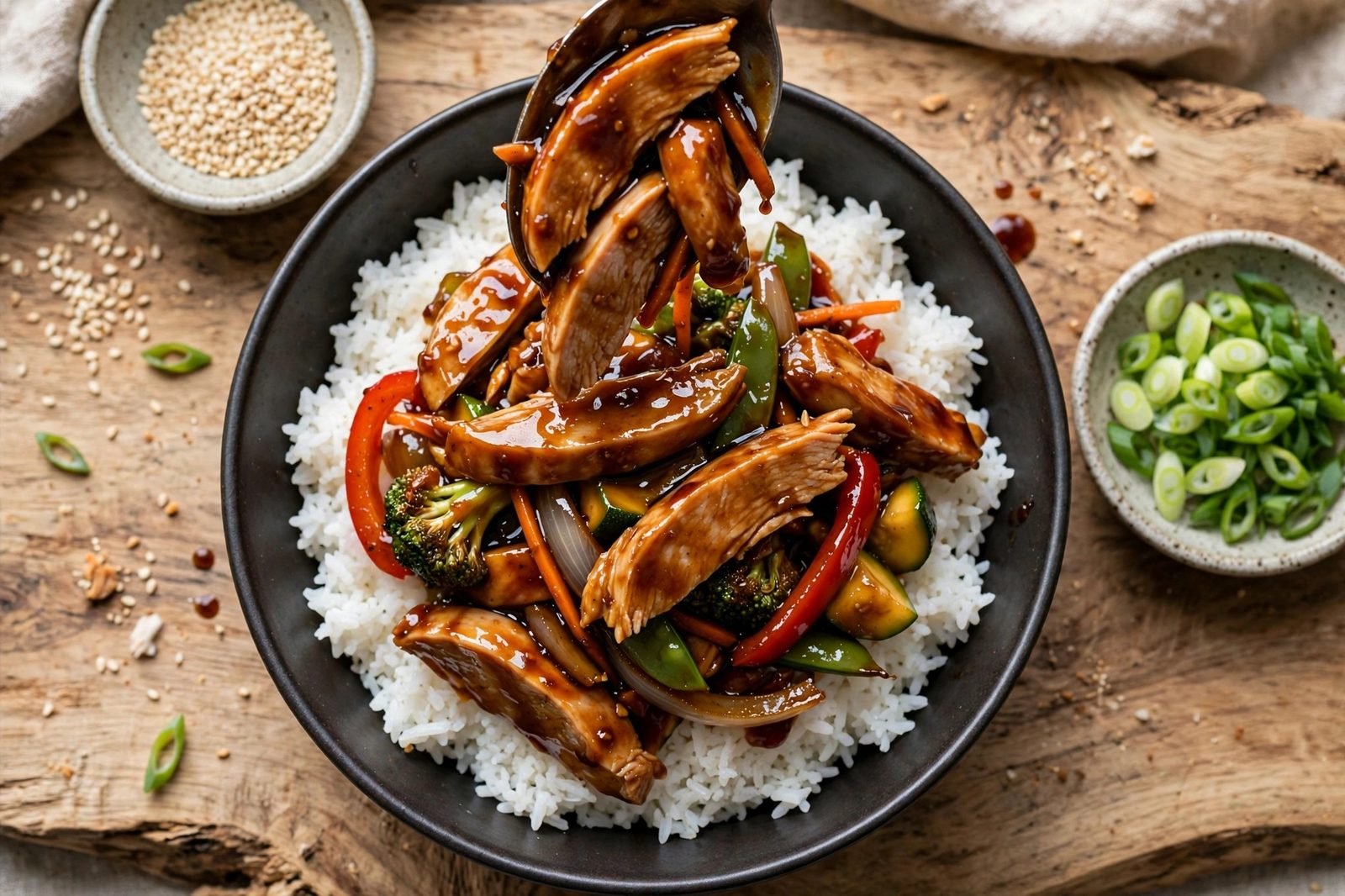 Overhead of the turkey-vegetable mixture being spooned over rice in bowls. No people, no text.