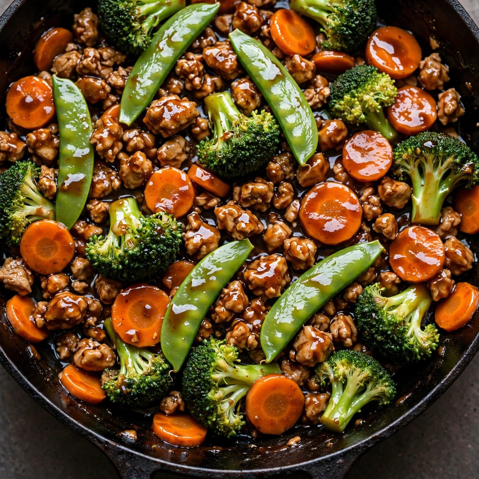 Overhead close-up of the turkey and vegetable mixture glazed in teriyaki. No people, no text.