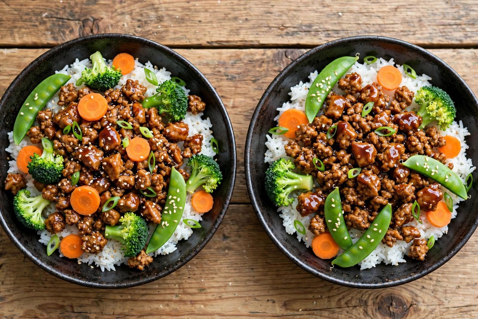 Overhead of two glossy turkey teriyaki bowls: ground turkey, broccoli, carrots, and snap peas in homemade teriyaki over jasmine rice, with sesame seeds and green onions. No people, no text.