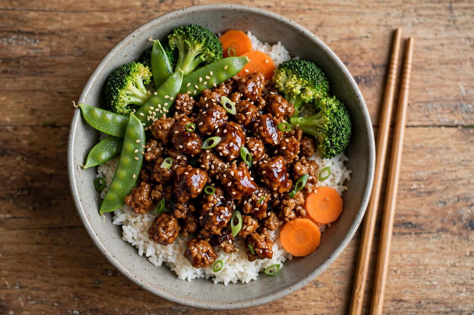 Overhead of a finished teriyaki turkey bowl with green onion tops and sesame seeds. No people, no text.