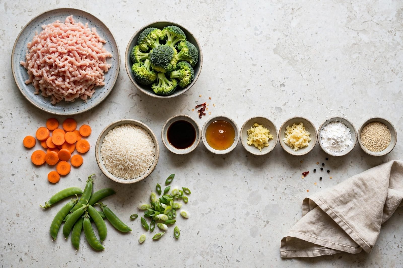Overhead of mise en place: ground turkey, broccoli, carrots, snap peas, jasmine rice, soy sauce, honey, ginger, garlic, and sesame oil on a counter. No people, no text.
