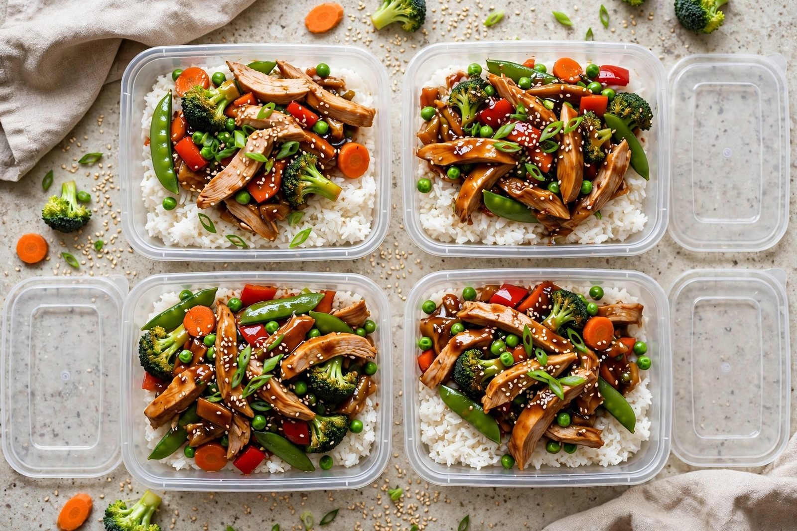 Overhead of meal-prep containers with the turkey teriyaki mixture and rice. No people, no text.