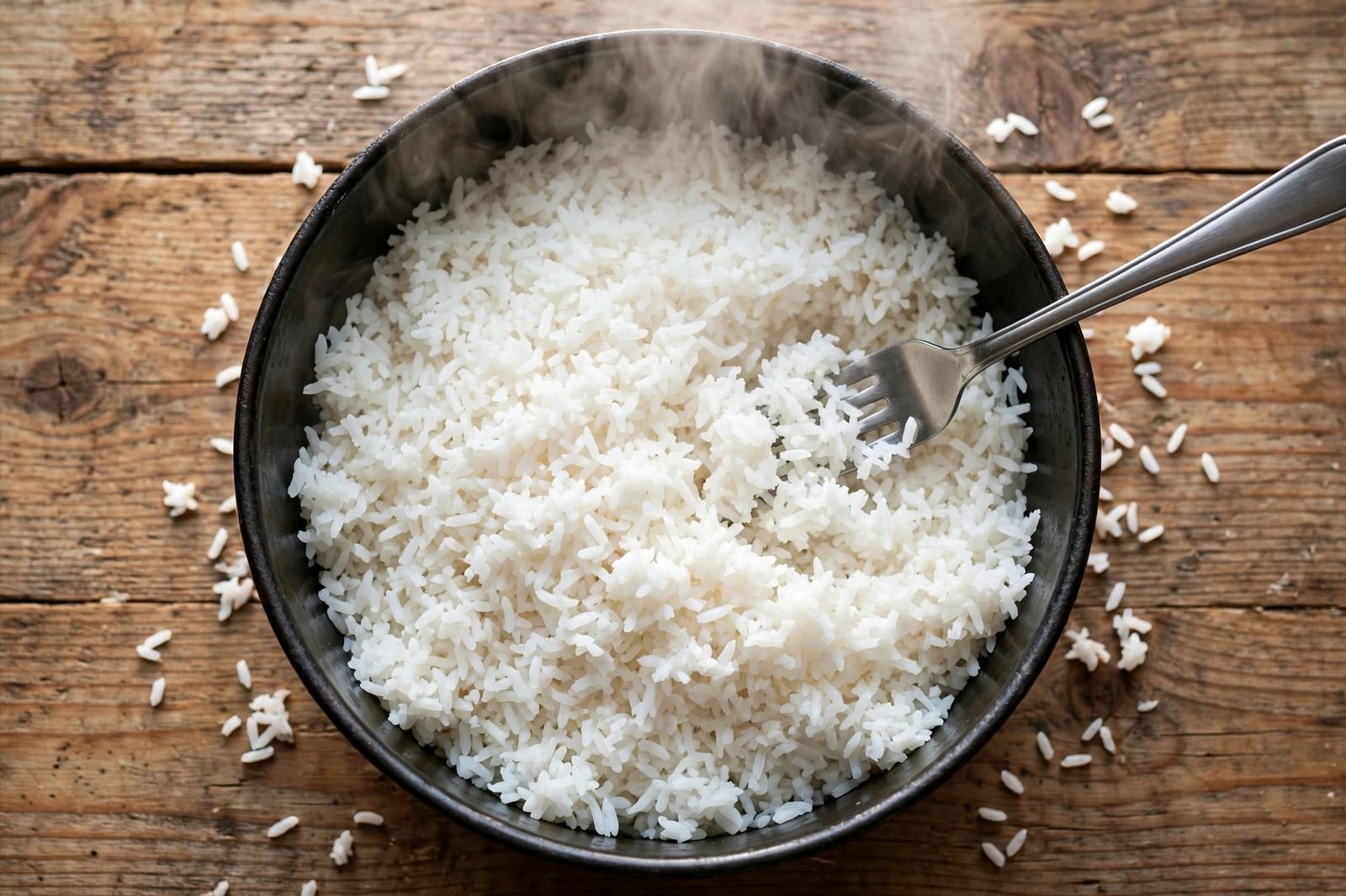 Overhead of fluffy jasmine rice being fluffed with a fork in the saucepan. No people, no text.