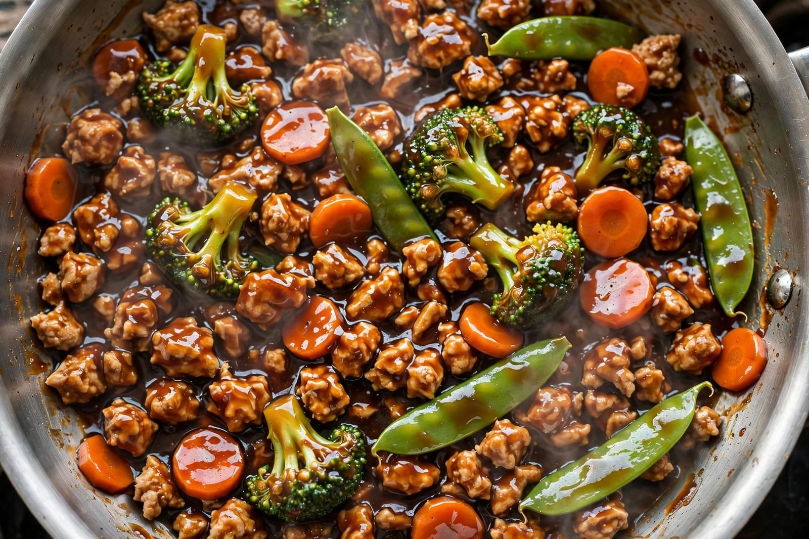 Overhead of the glossy teriyaki sauce coating ground turkey crumbles, broccoli, carrots, and snap peas in the skillet. No people, no text.
