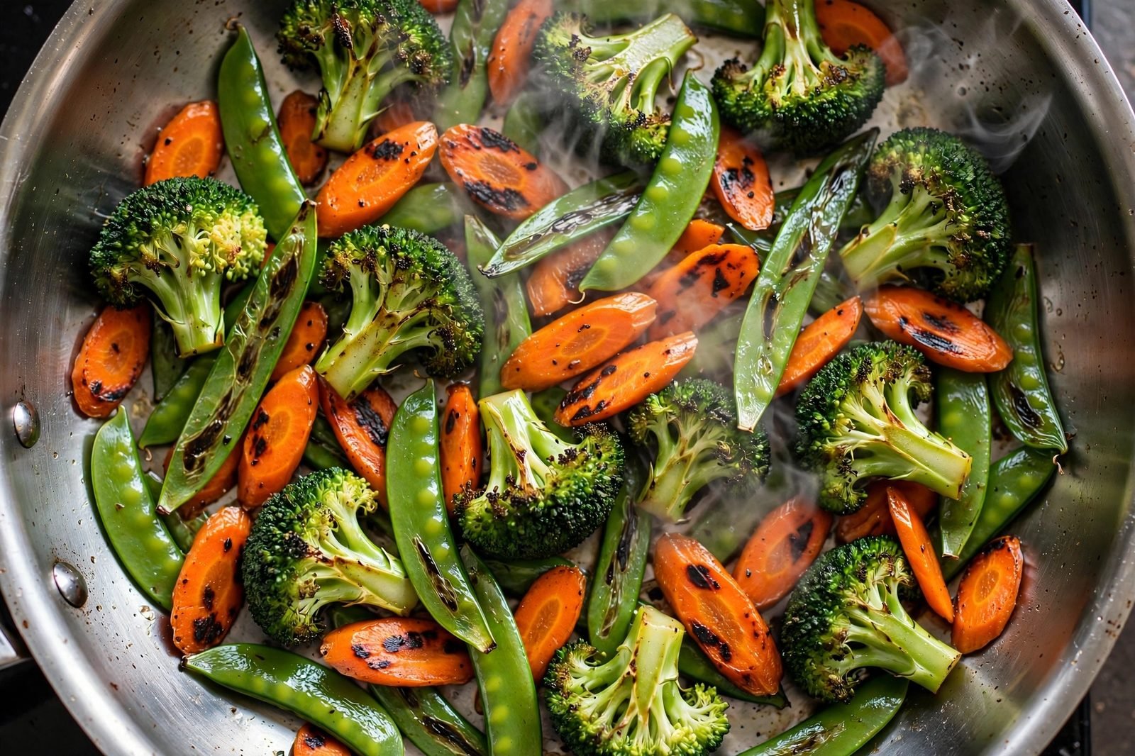 Overhead of vegetables stir-frying bright and crisp-tender in the skillet. No people, no text.