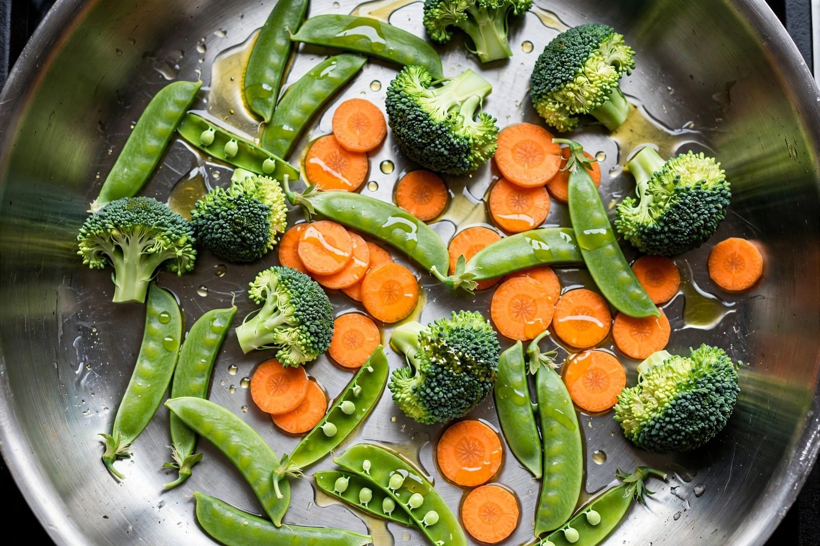 Overhead of broccoli, carrots, and snap peas added to the skillet. No people, no text.