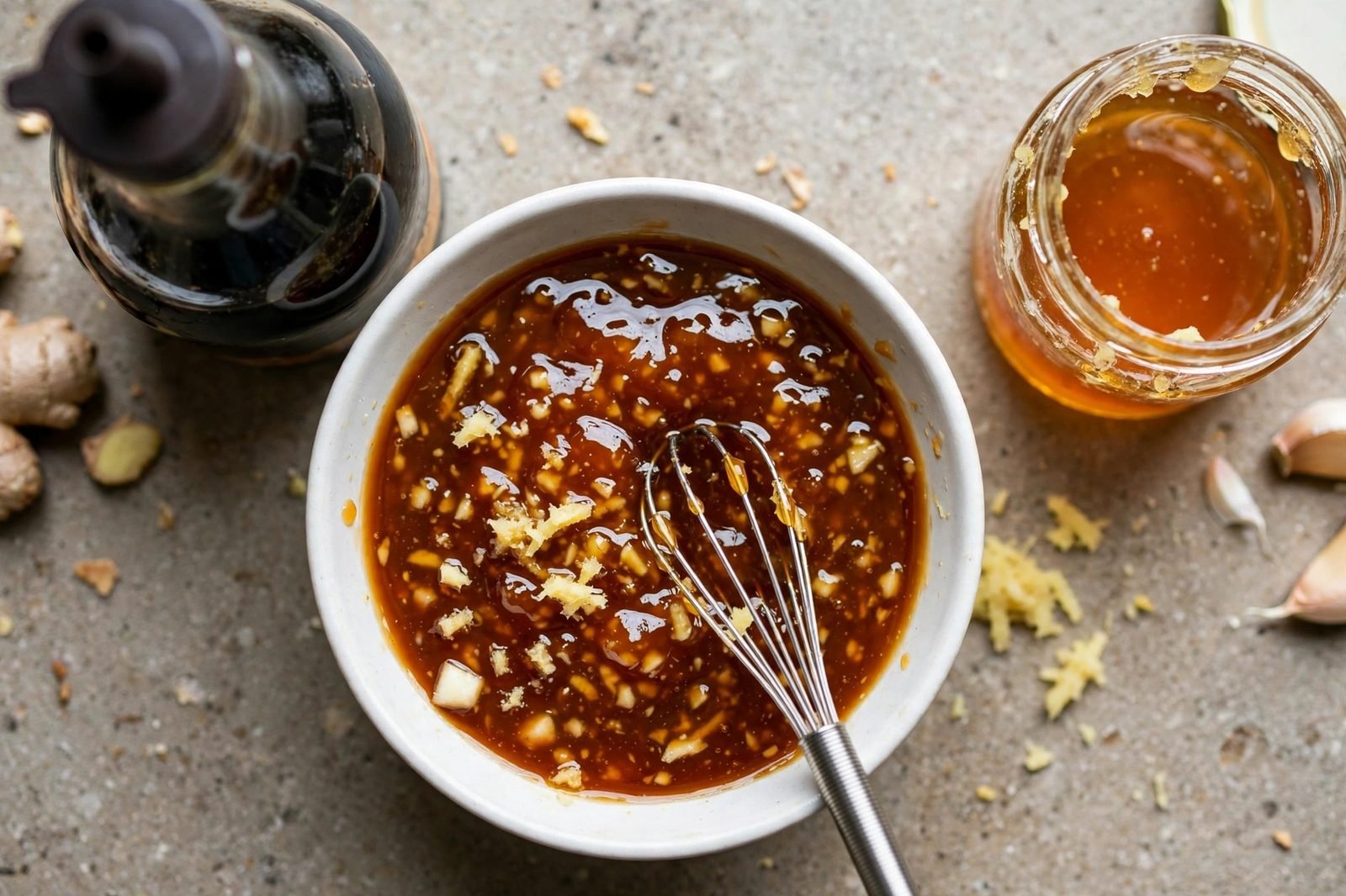 Overhead of the homemade teriyaki sauce being whisked in a small bowl. No people, no text.