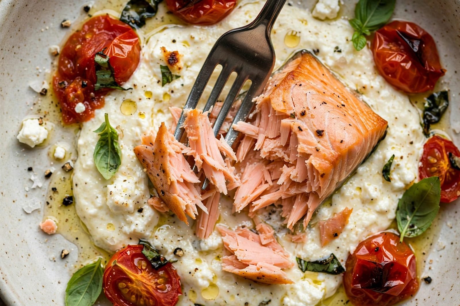 Overhead close-up of a fork flaking moist pink salmon over the sauce. No people, no text.