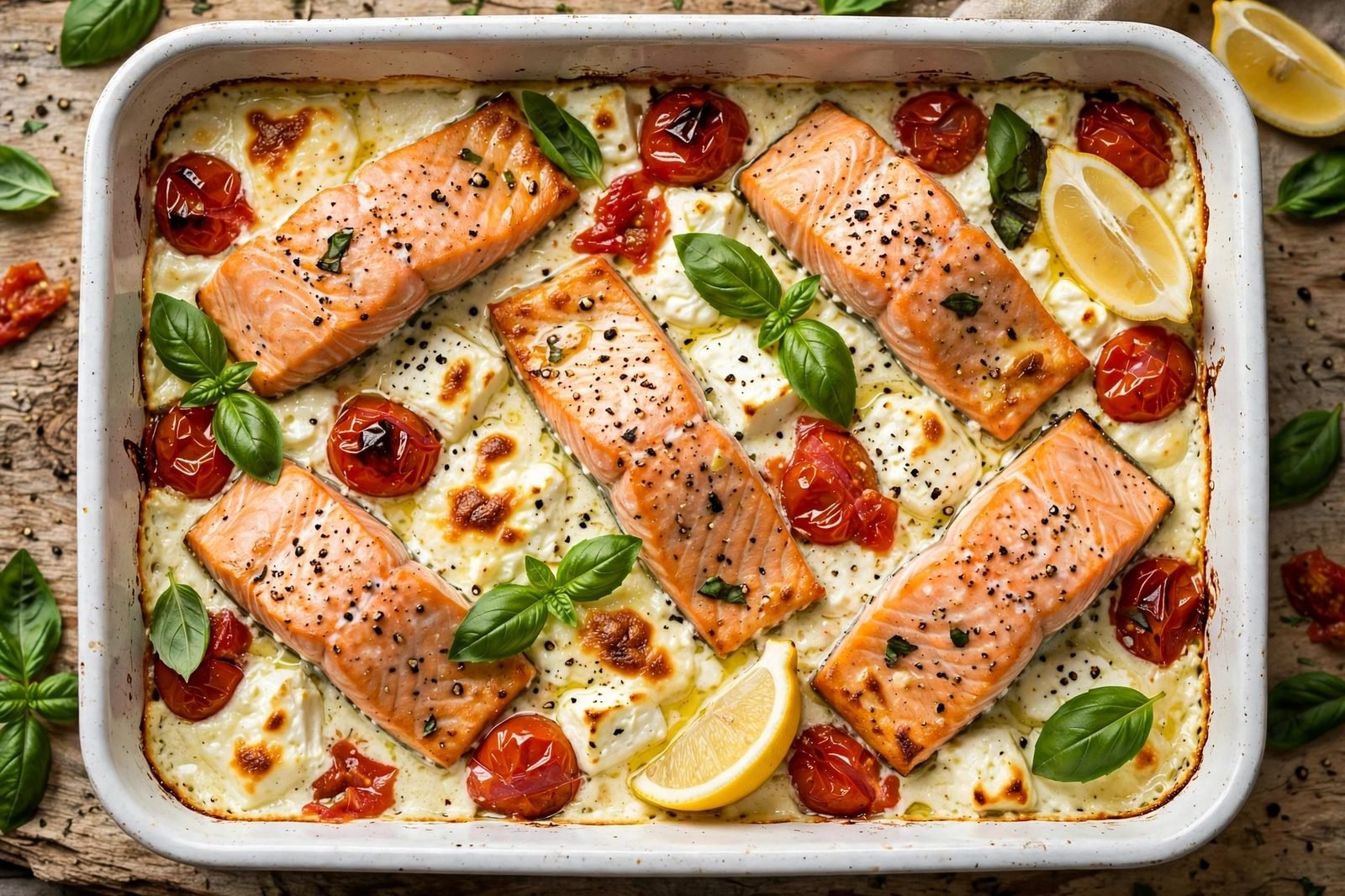 Overhead of salmon fillets nestled into creamy baked feta with burst cherry tomatoes, basil, and lemon wedges in a baking dish. No people, no text.