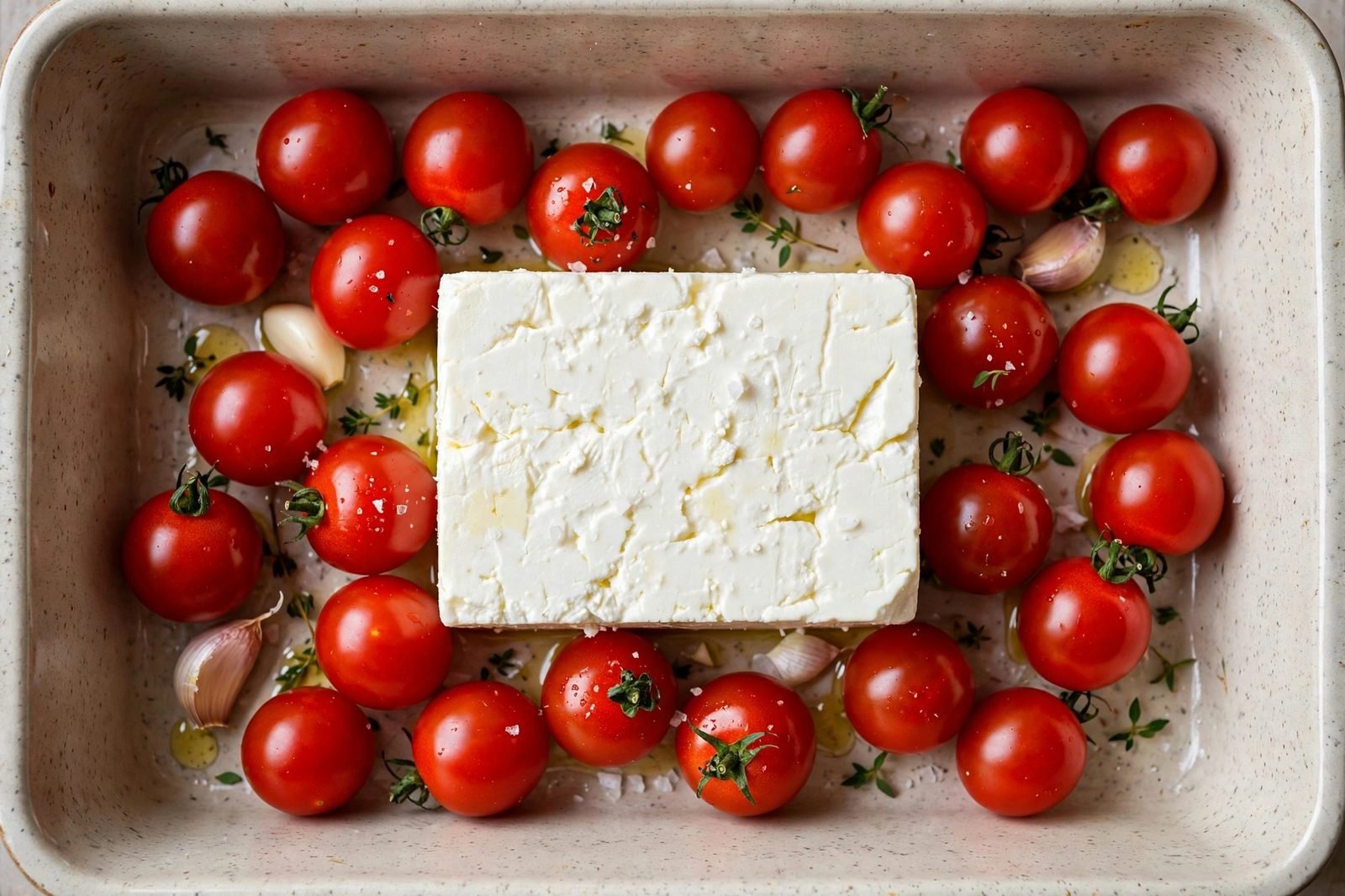 Overhead of a feta block in a baking dish surrounded by cherry tomatoes. No people, no text.