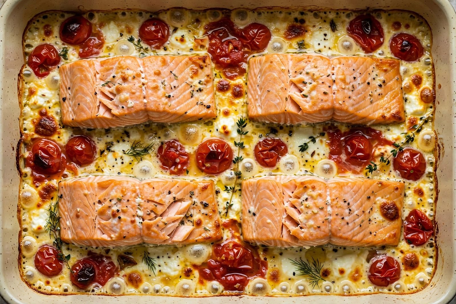 Overhead of the finished bake: flaky salmon in a golden creamy feta-tomato sauce. No people, no text.