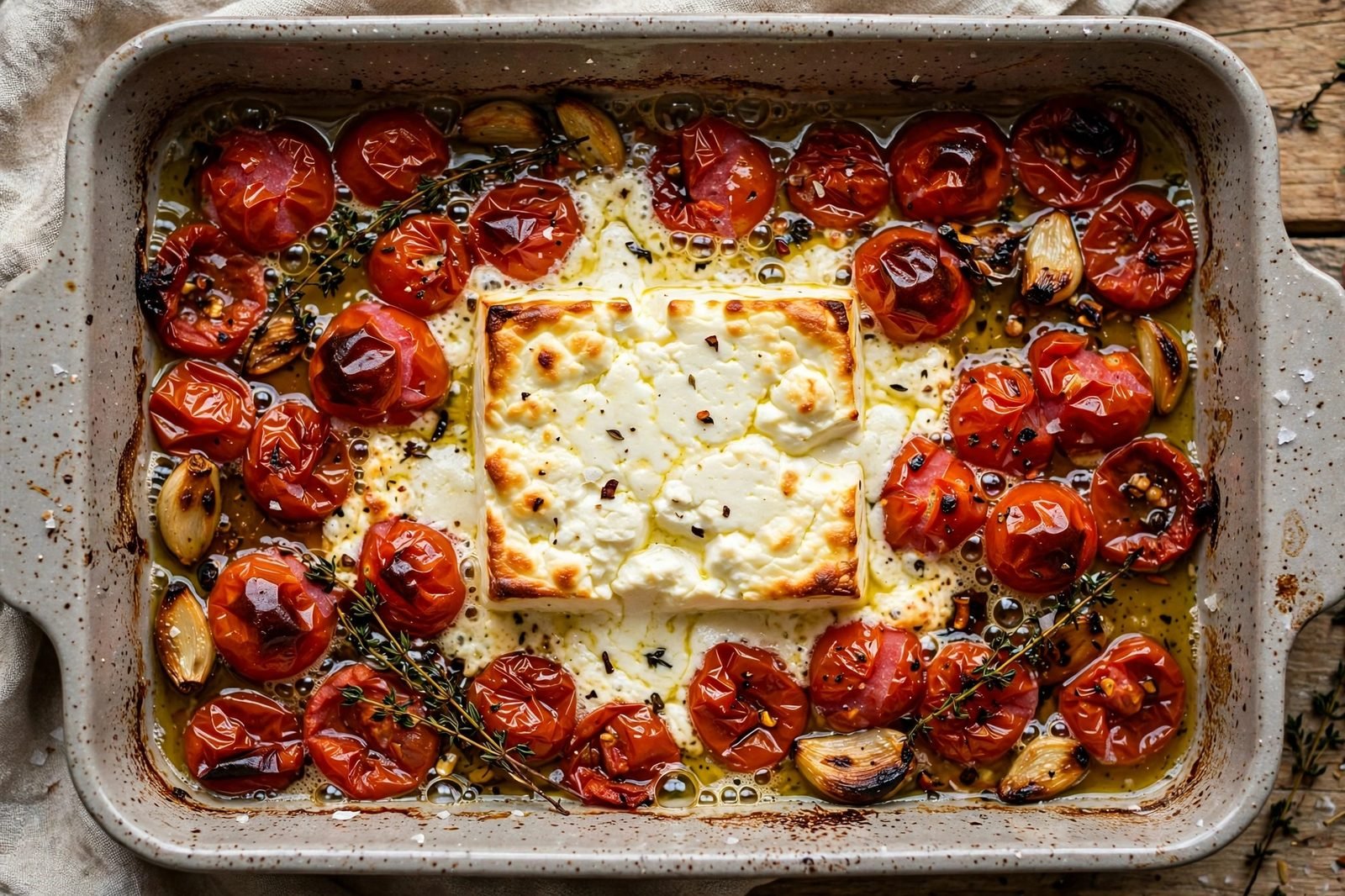 Overhead of the feta softened around the edges with slumped tomatoes after the first bake. No people, no text.