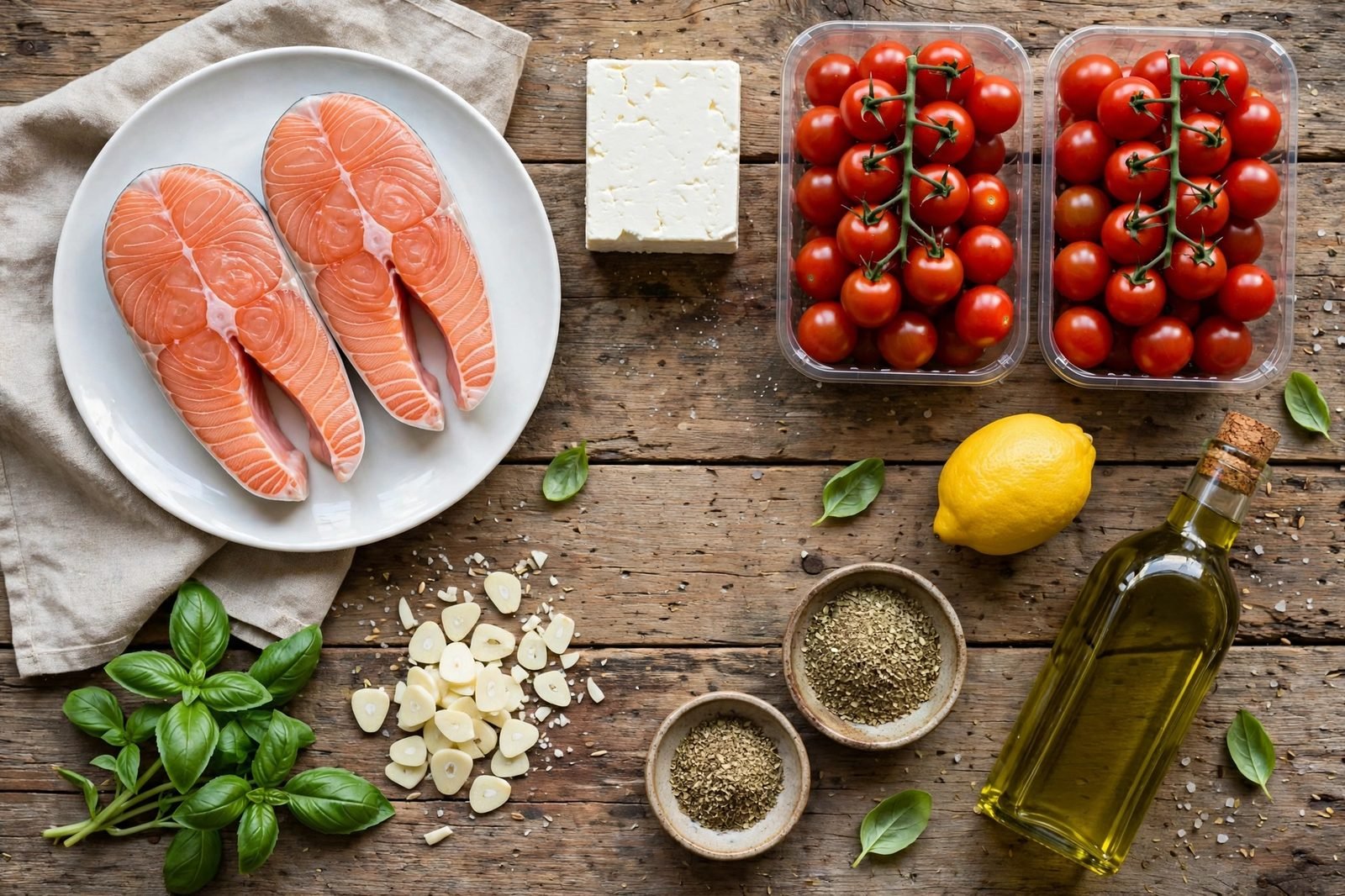 Overhead of mise en place: salmon fillets, a block of feta, cherry tomatoes, lemon, basil, garlic, olive oil, and oregano on a counter. No people, no text.