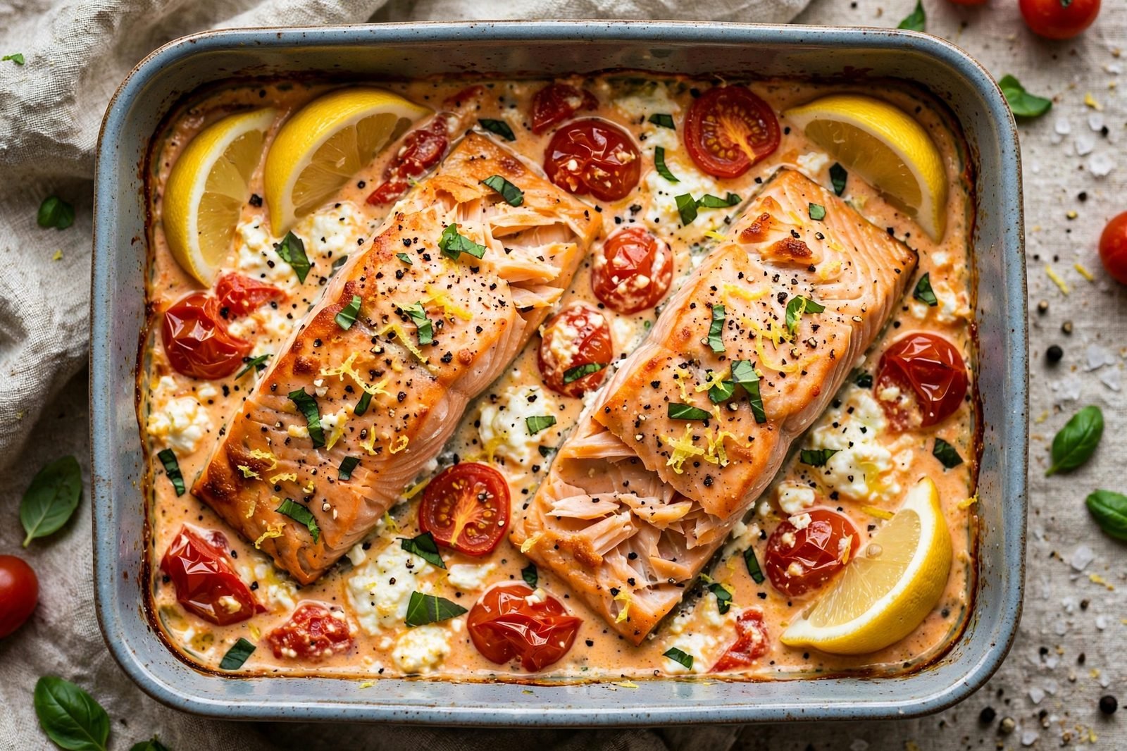 Overhead of lemon, basil, and cracked pepper being finished over the salmon. No people, no text.