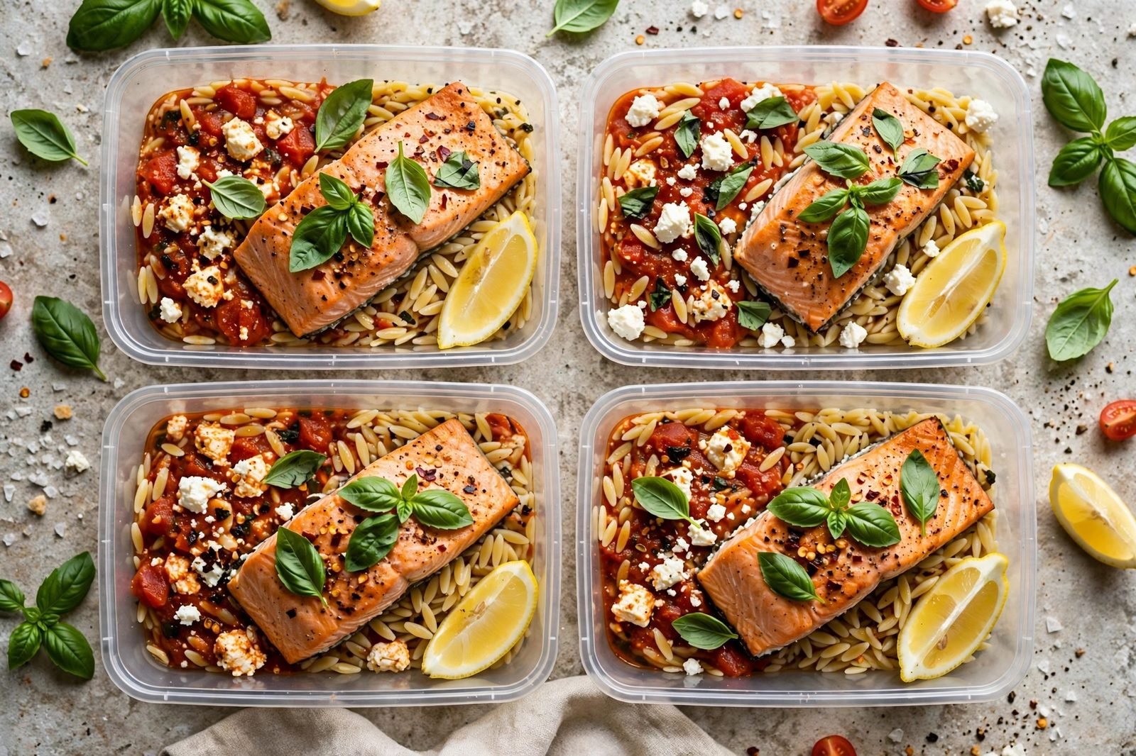 Overhead of meal-prep containers of salmon over orzo. No people, no text.