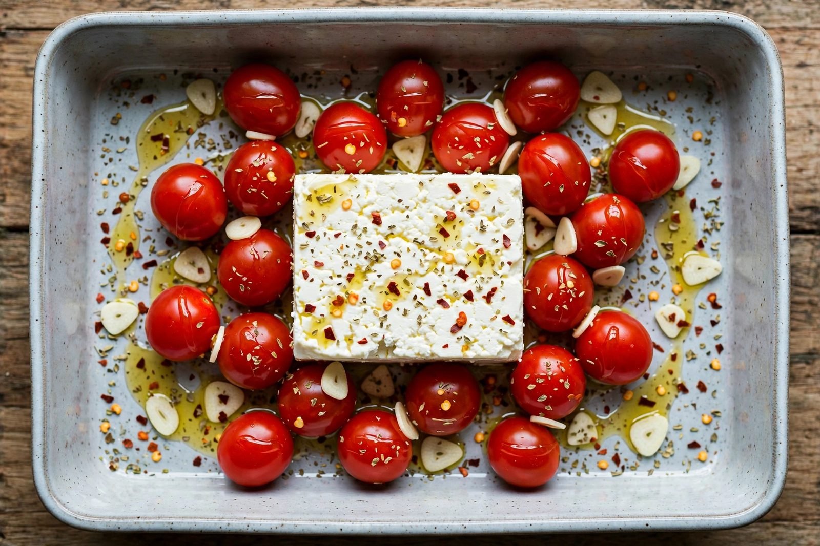 Overhead of olive oil, sliced garlic, oregano, and red pepper flakes over the feta and tomatoes. No people, no text.