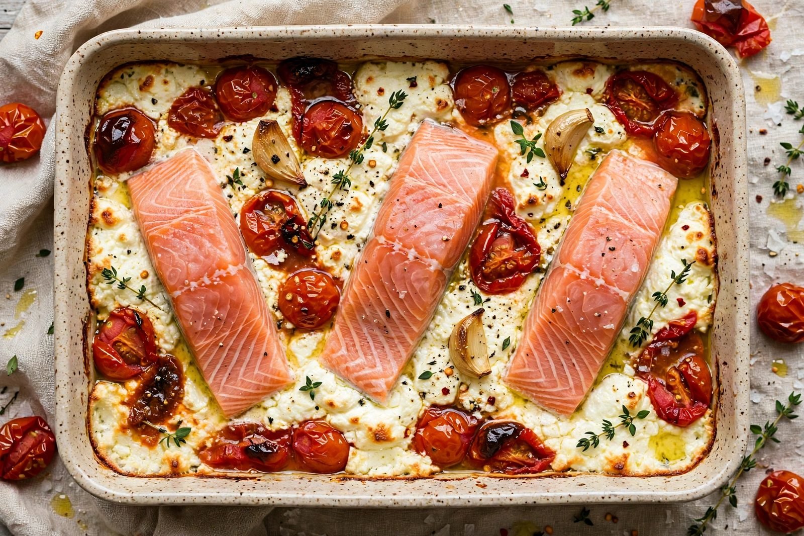 Overhead of raw salmon fillets nestled into the feta-tomato bake before the final cook. No people, no text.