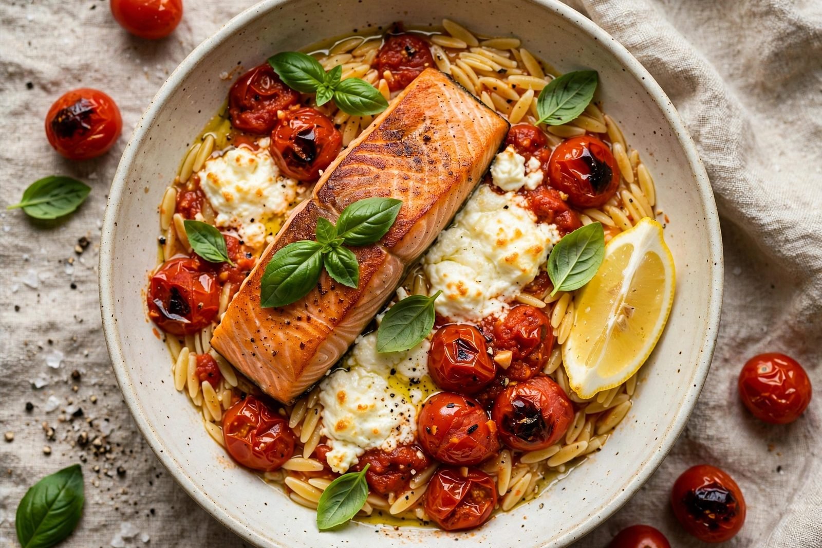 Overhead of a served bowl of orzo with salmon, feta-tomato sauce, basil, and lemon. No people, no text.