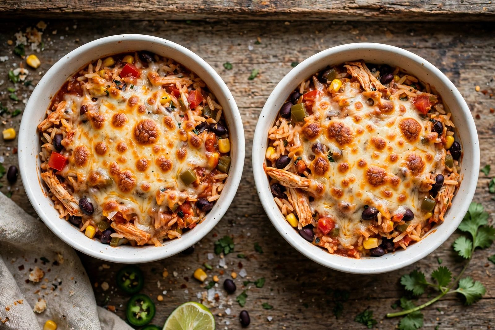 Overhead of the cheese-topped bowls melting under the broiler. No people, no text.