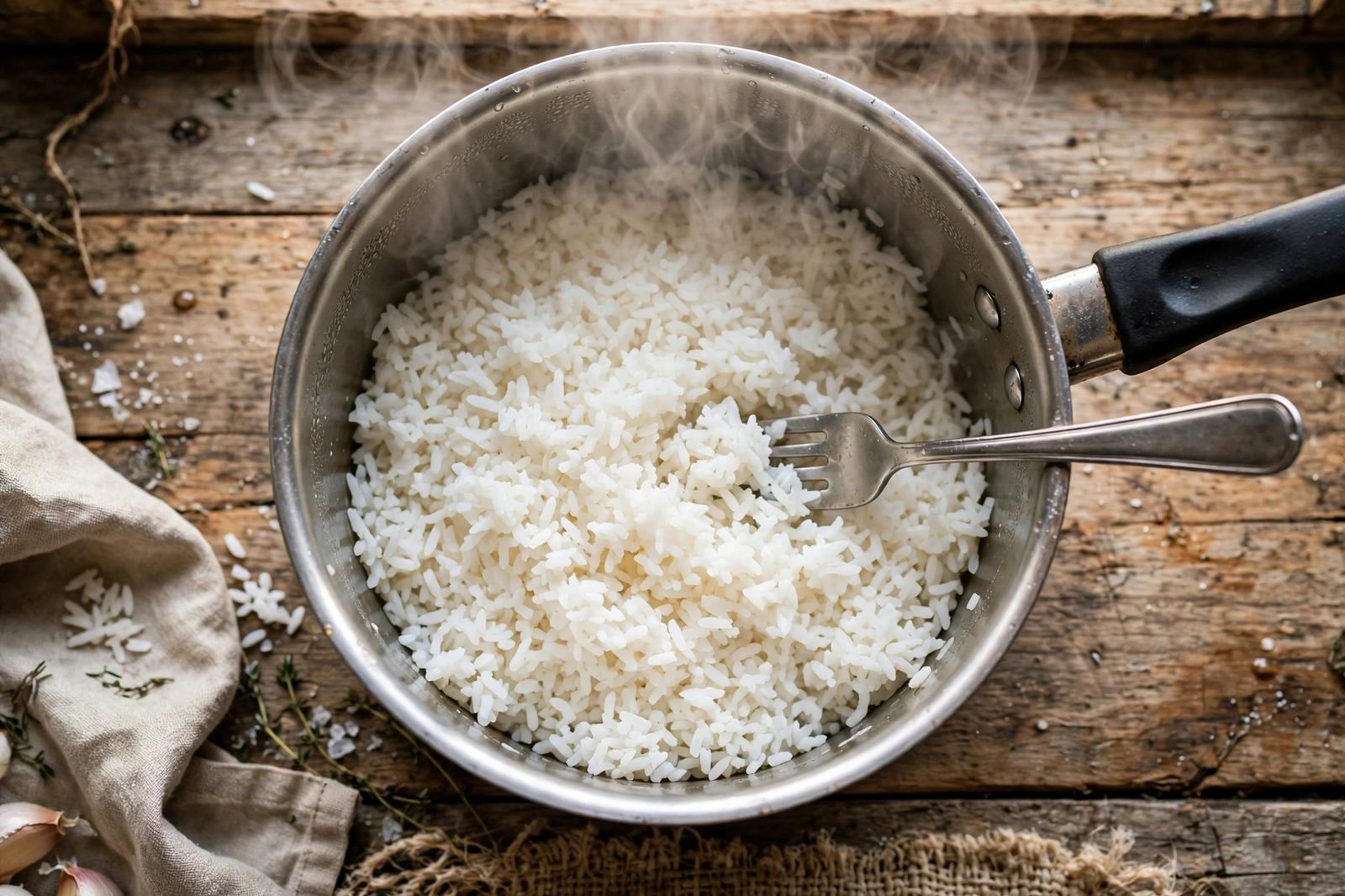 Overhead of instant rice cooking in a small saucepan. No people, no text.