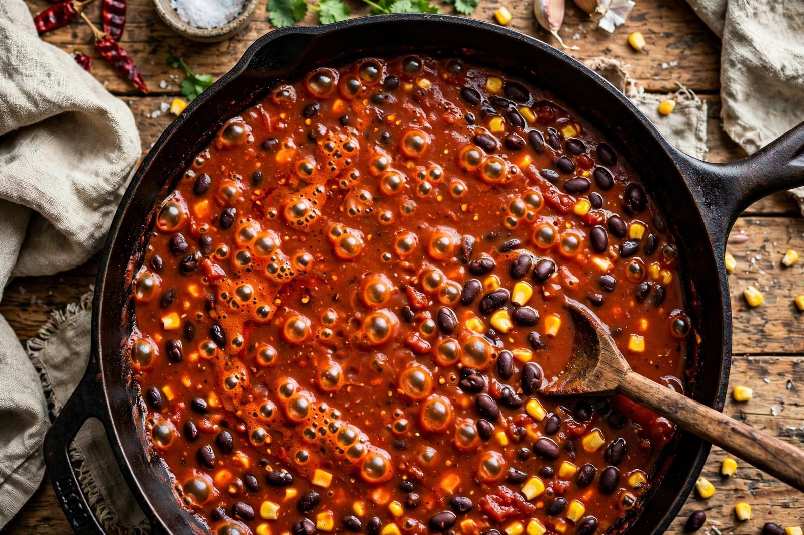 Overhead of the red enchilada sauce with black beans and corn simmering in the skillet. No people, no text.