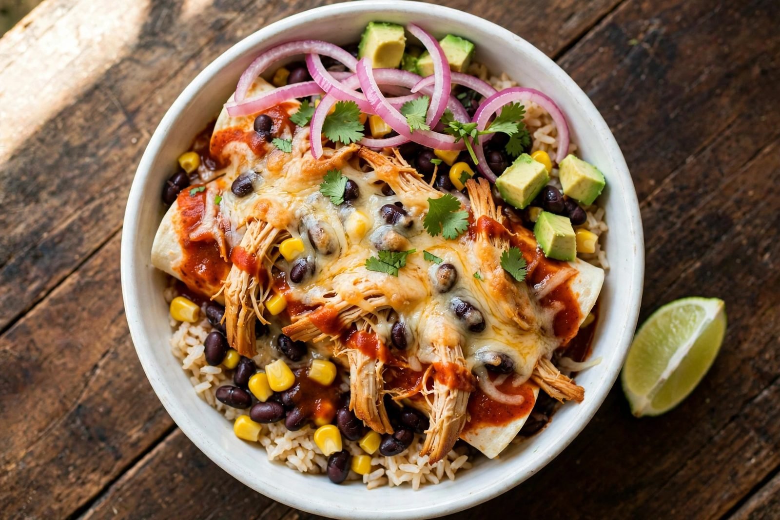 Overhead of a finished enchilada bowl: rice, saucy chicken and black beans, melted cheese, pickled red onion, avocado, cilantro, and lime. No people, no text.