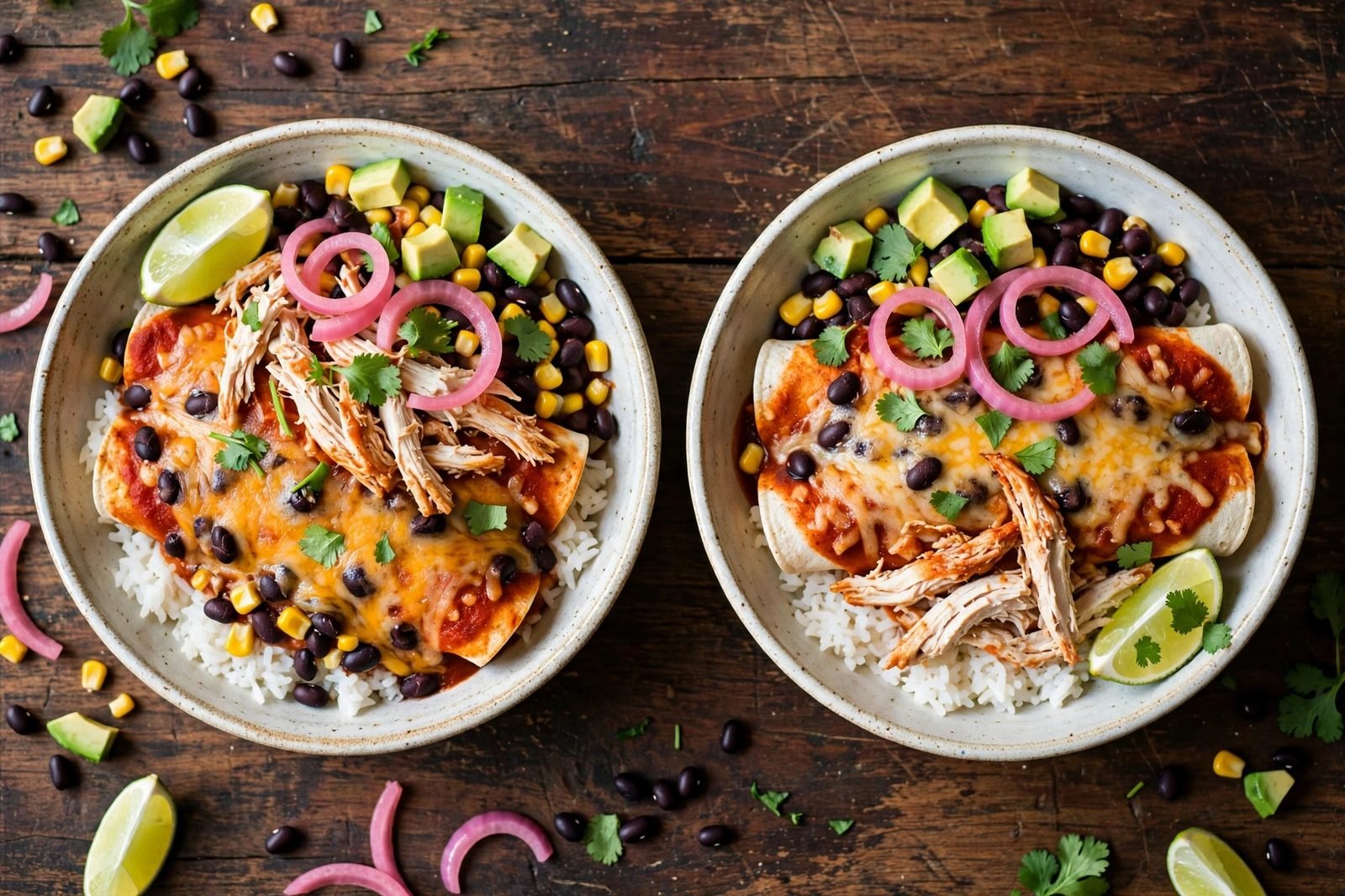 Overhead of finished enchilada bowls topped with pickled onion, avocado, and cilantro. No people, no text.