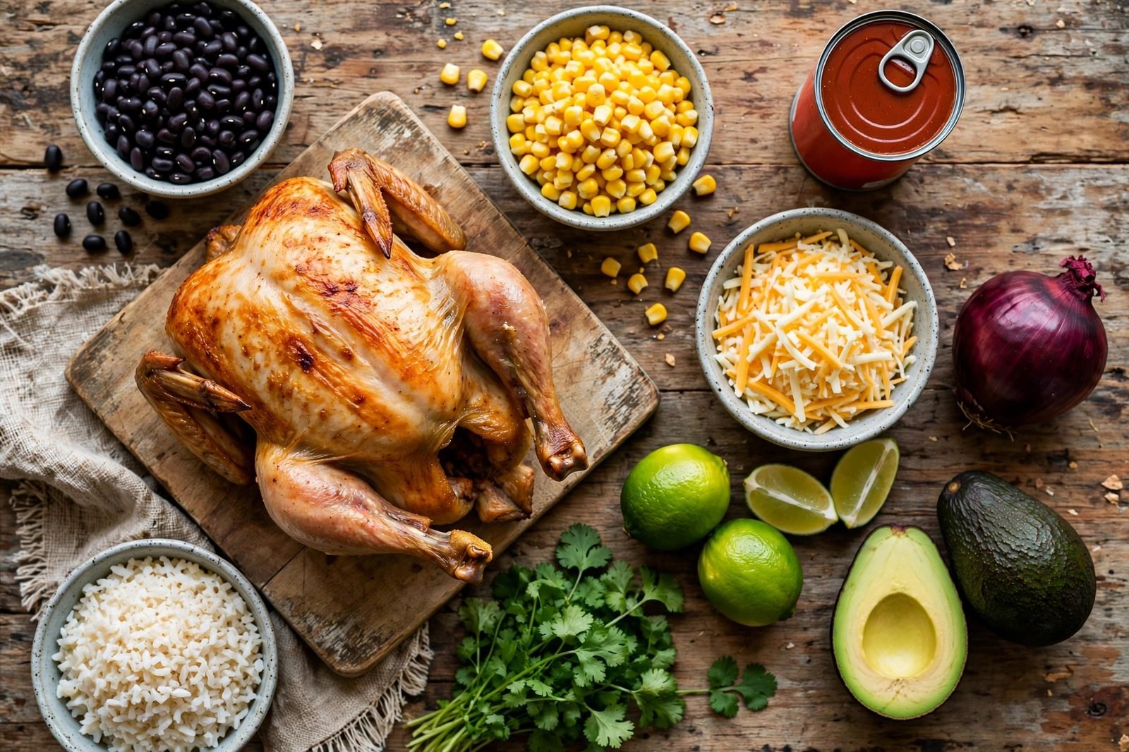 Overhead of mise en place: rotisserie chicken, enchilada sauce, black beans, corn, rice, cheese, avocado, red onion, and lime on a counter. No people, no text.