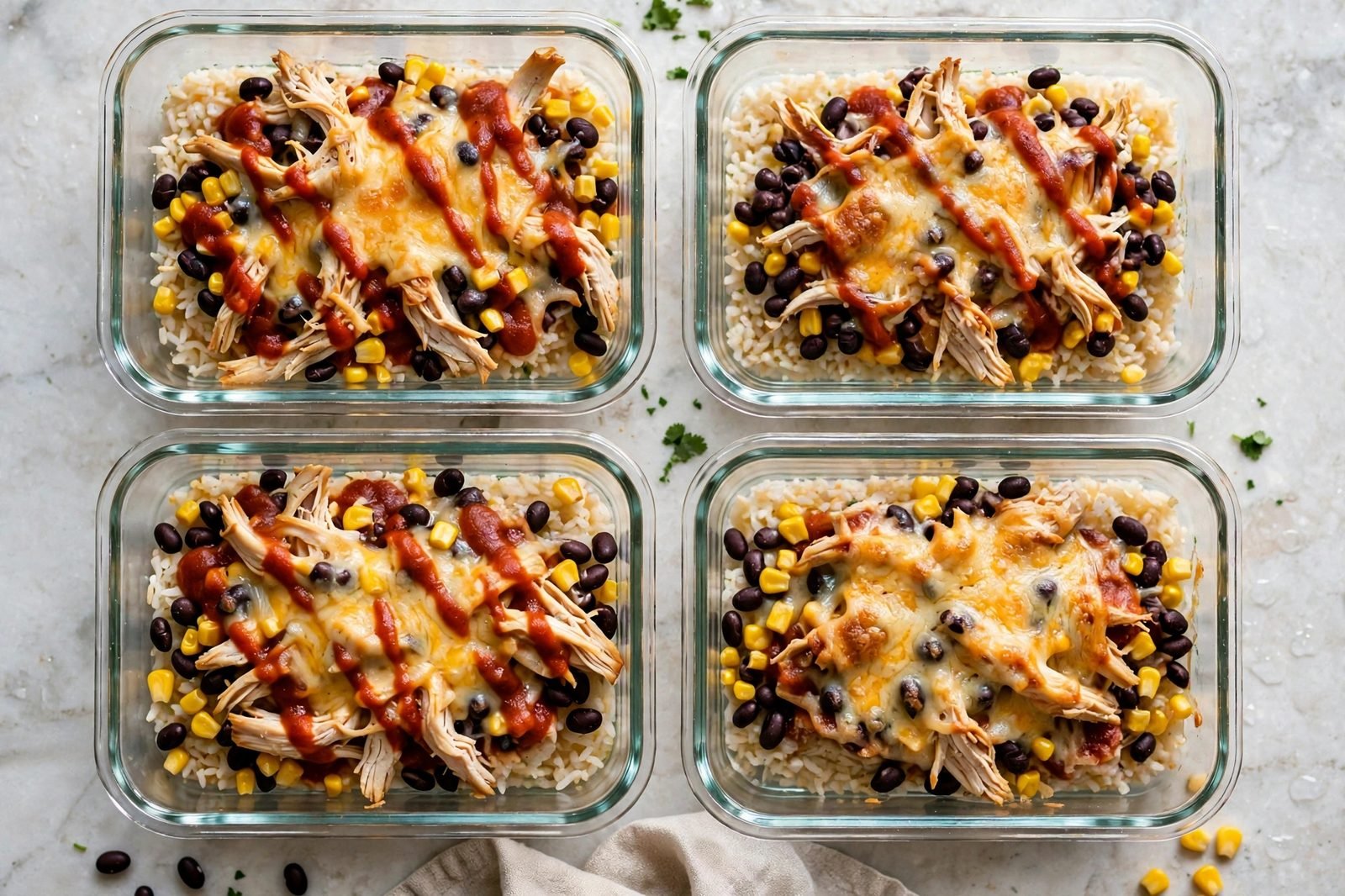 Overhead of meal-prep containers with the chicken-enchilada mixture and rice. No people, no text.