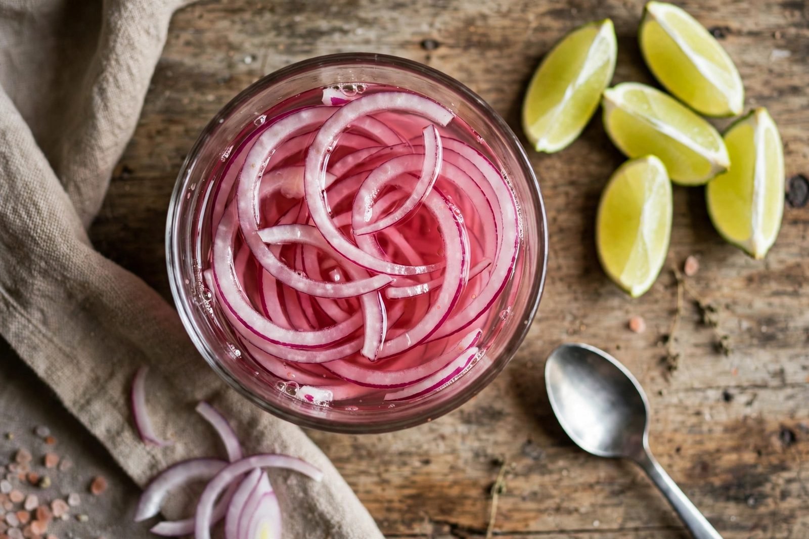 Overhead of thinly sliced red onion soaking in vinegar, lime juice, sugar, and salt in a small bowl. No people, no text.