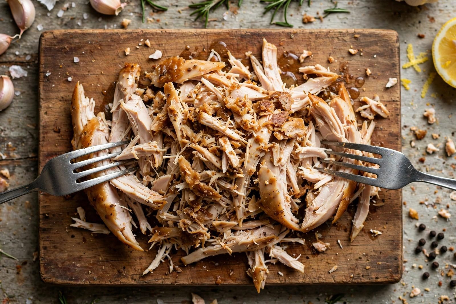 Overhead of rotisserie chicken being shredded into a bowl. No people, no text.