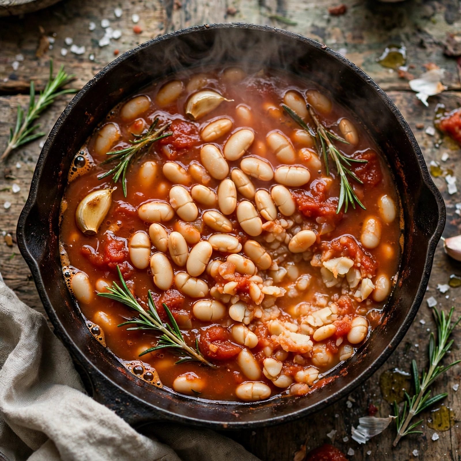 Overhead of cannellini beans and broth simmering in the skillet with rosemary. No people, no text.